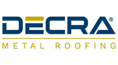 DECRA metal roofing logo with DECRA in blue and METAL ROOFING in gold beneath a gold line.