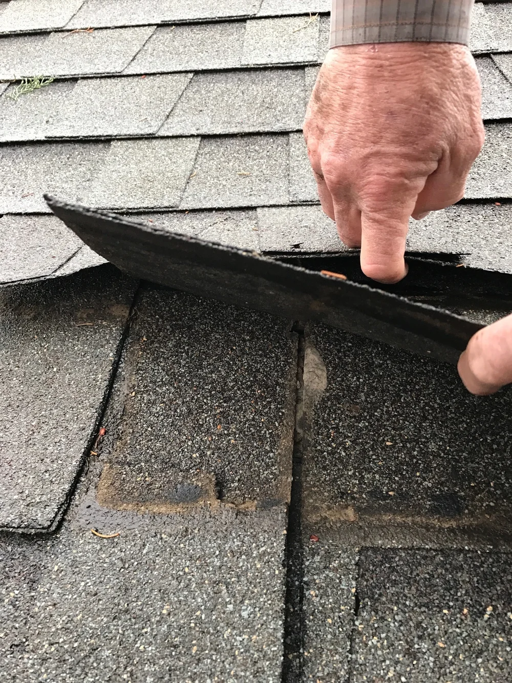 A person lifting a damaged roof shingle to reveal worn and exposed underlayment beneath.