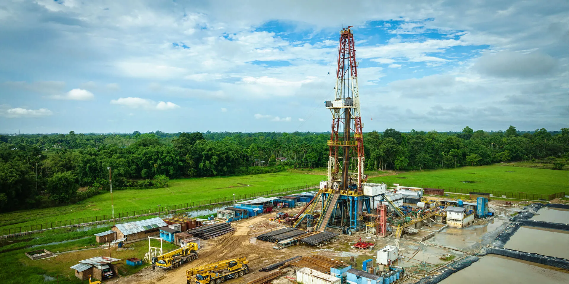 A very wide shot of an oil industry