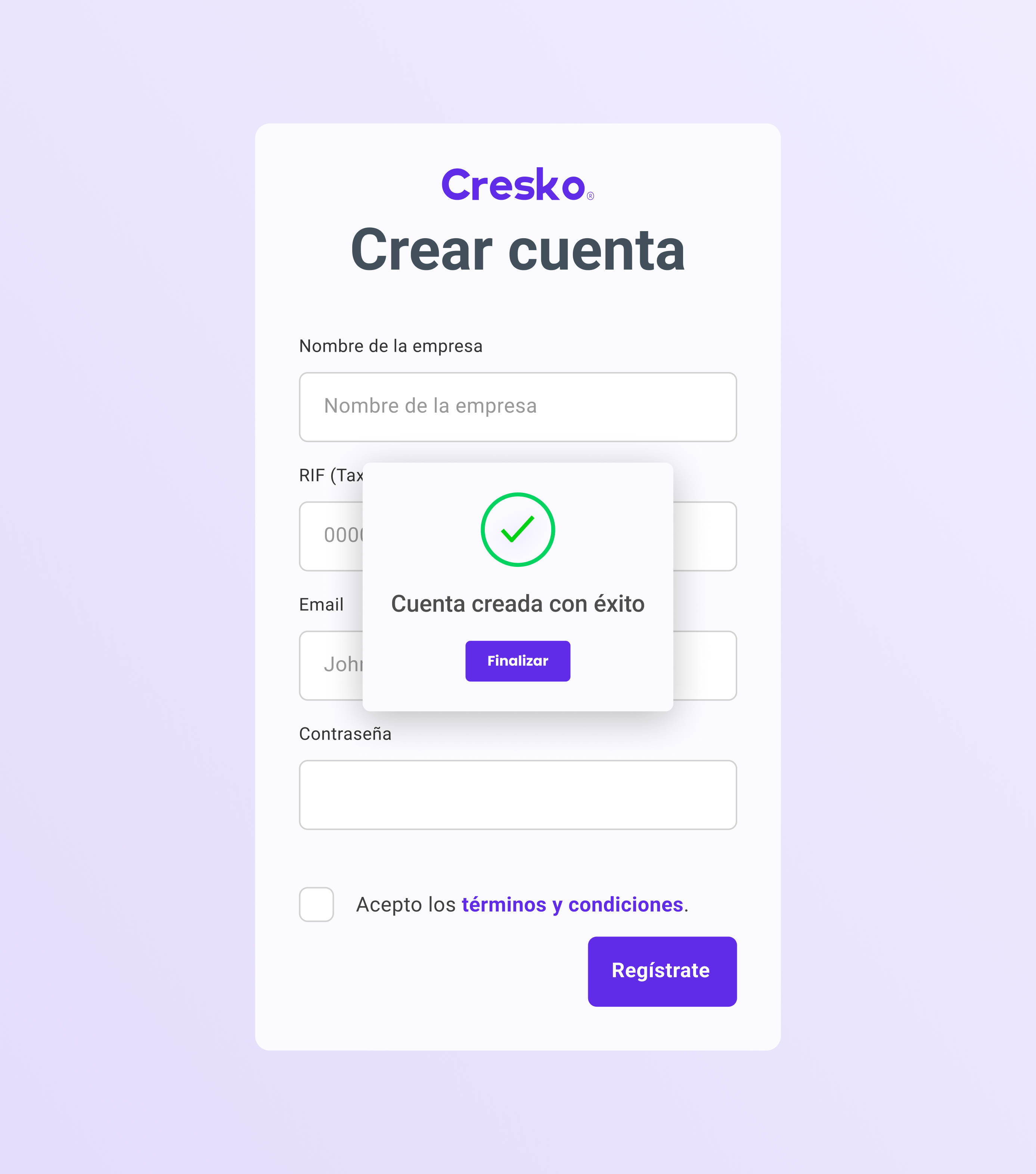 Cresko account creation form in Spanish with fields for company name, tax ID, email, password, terms acceptance checkbox, and a purple Register button; a popup confirms successful account creation with a green check mark and a Finalize button.