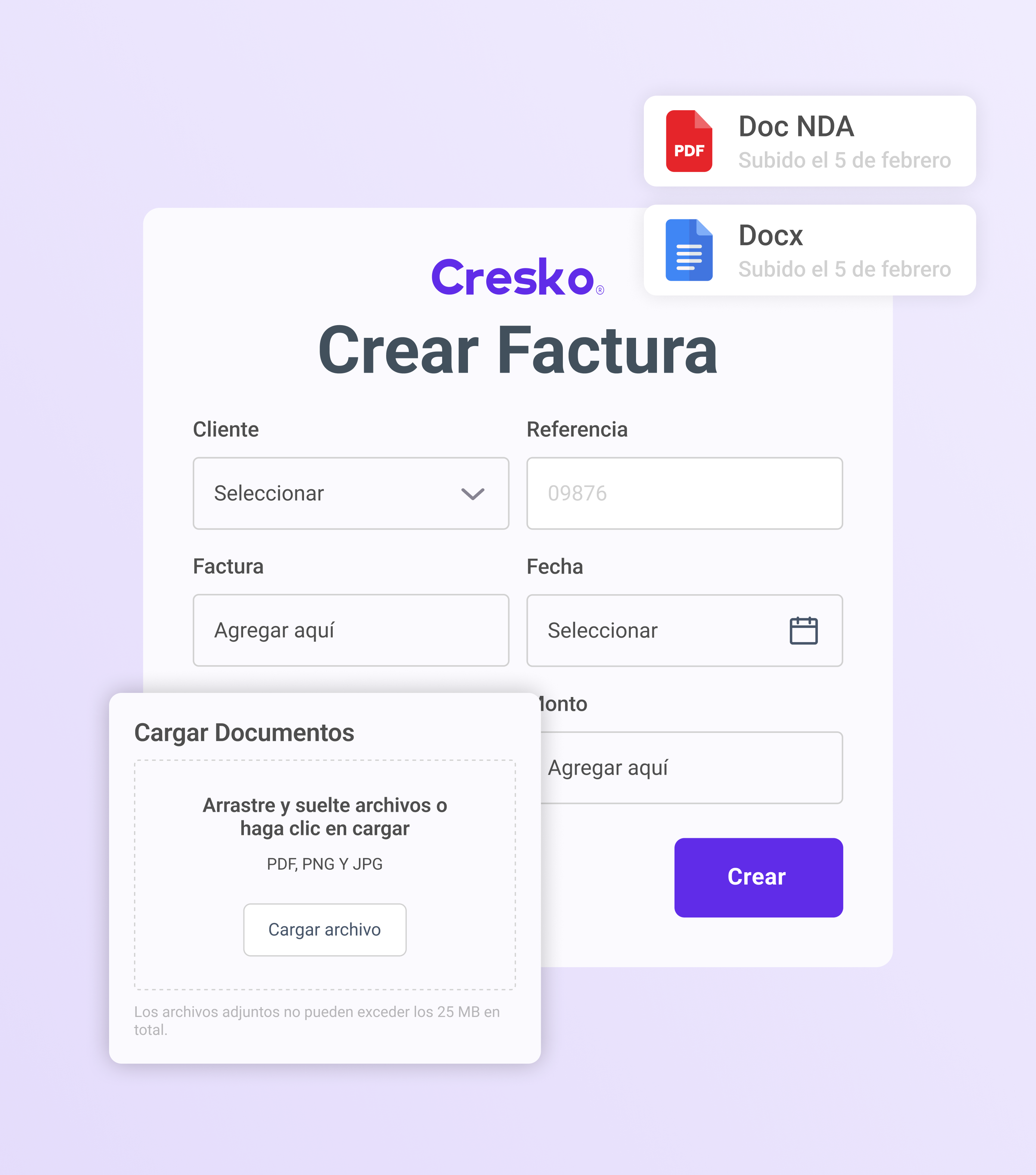 Cresko invoice creation form in Spanish with fields for client, reference, invoice, date, and amount, and options to upload PDF, PNG, or JPG documents.