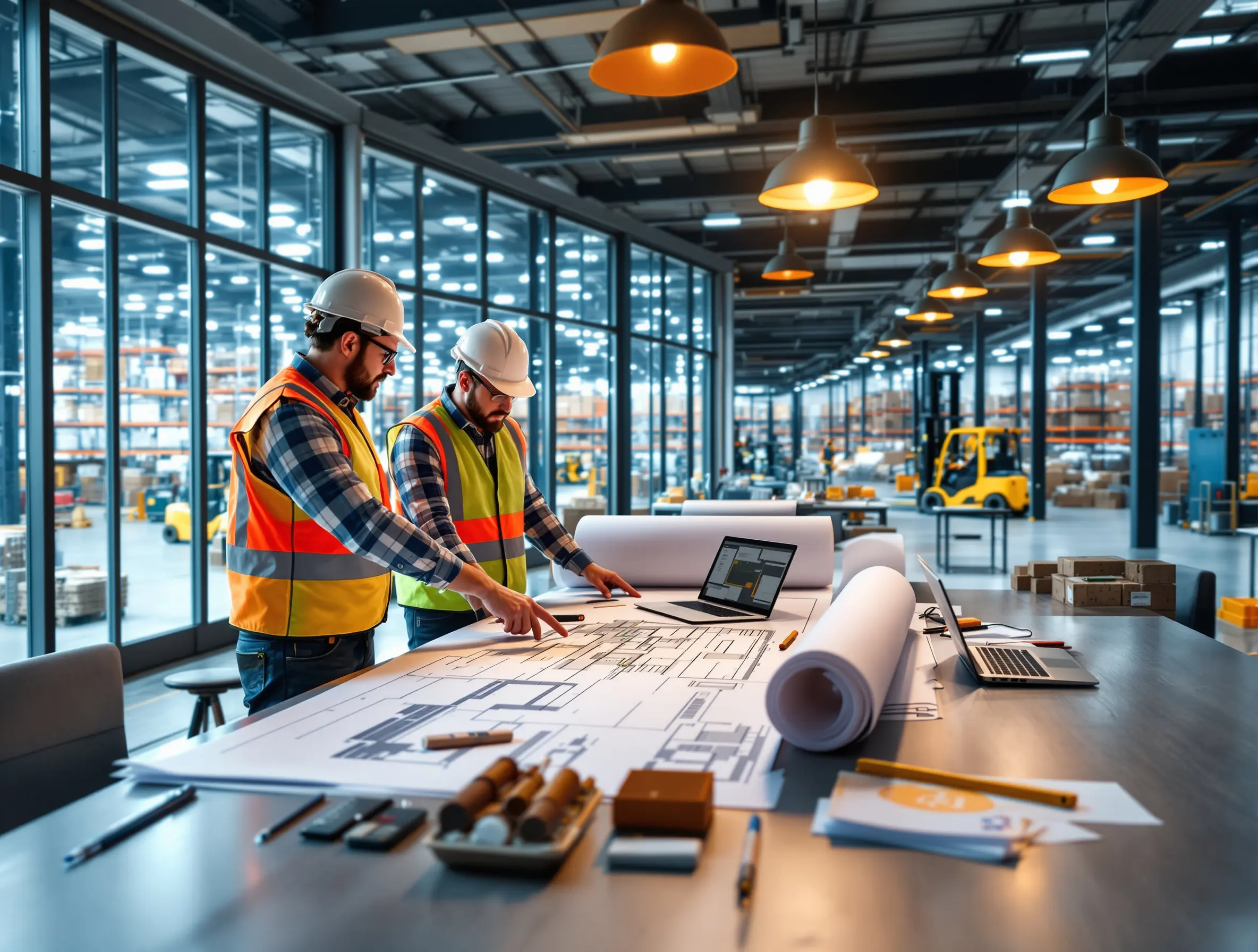 Custom material handling solution design process with engineers planning warehouse layout and equipment configuration#1.3