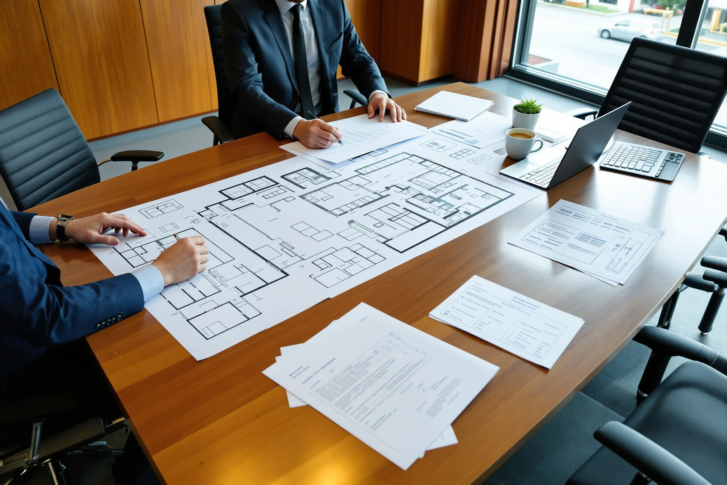 Professional consultation meeting with warehouse layout blueprints and material handling equipment specifications#1.6