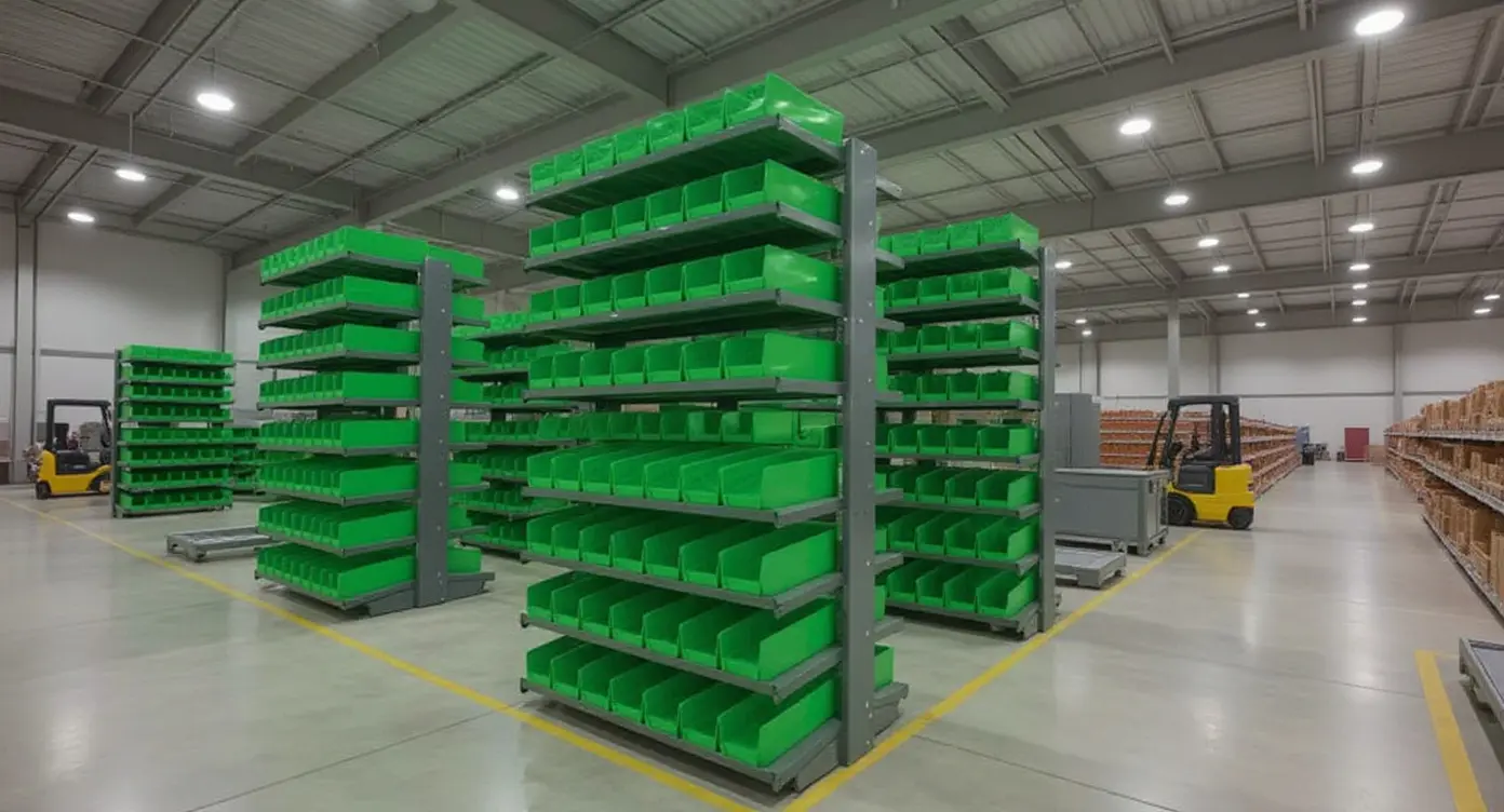 Modern warehouse with organized inventory storage systems and material handling equipment designed for optimal efficiency#1.9