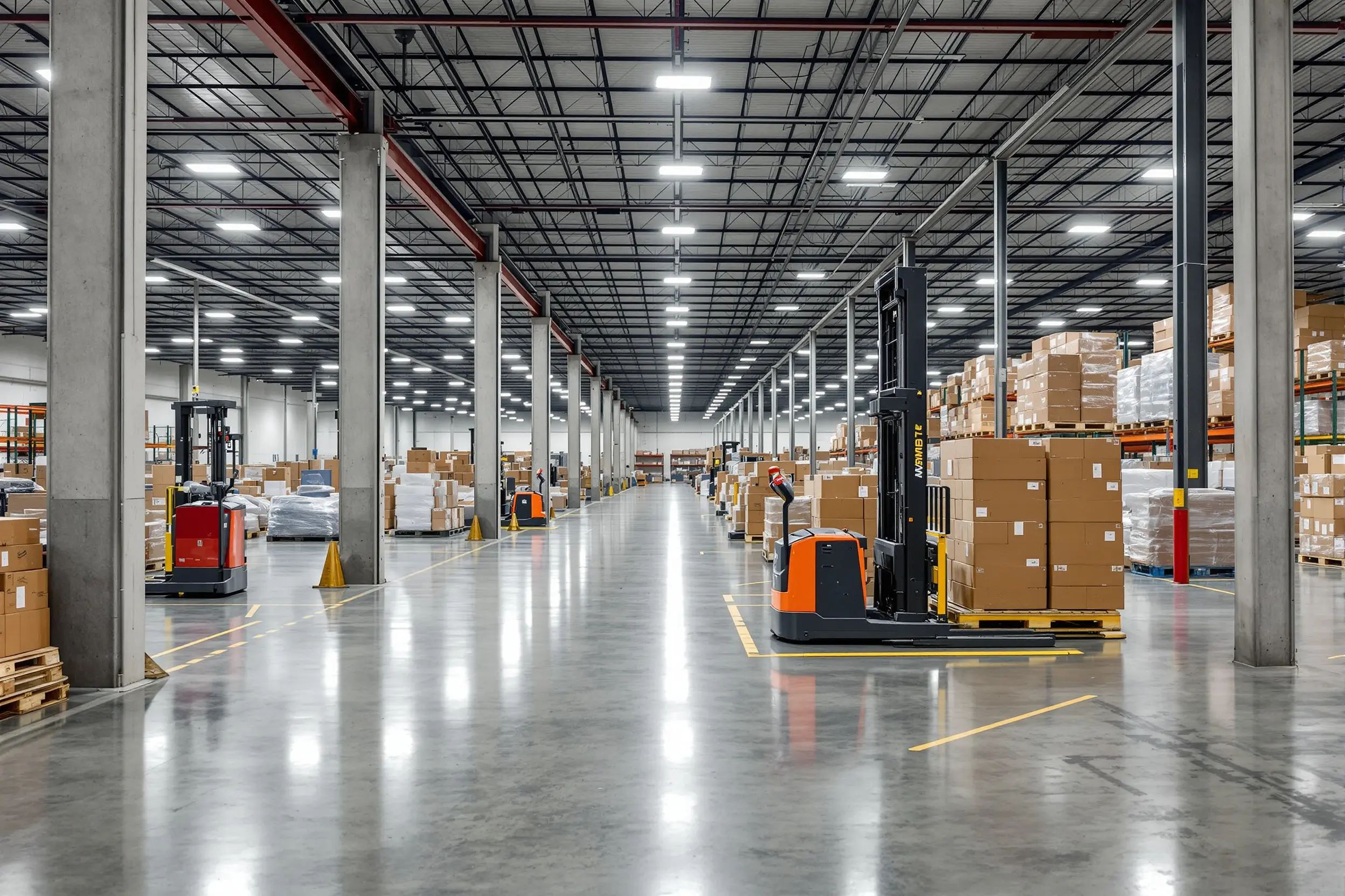 Large warehouse distribution center with lift tables handling pallets and heavy materials#1.6