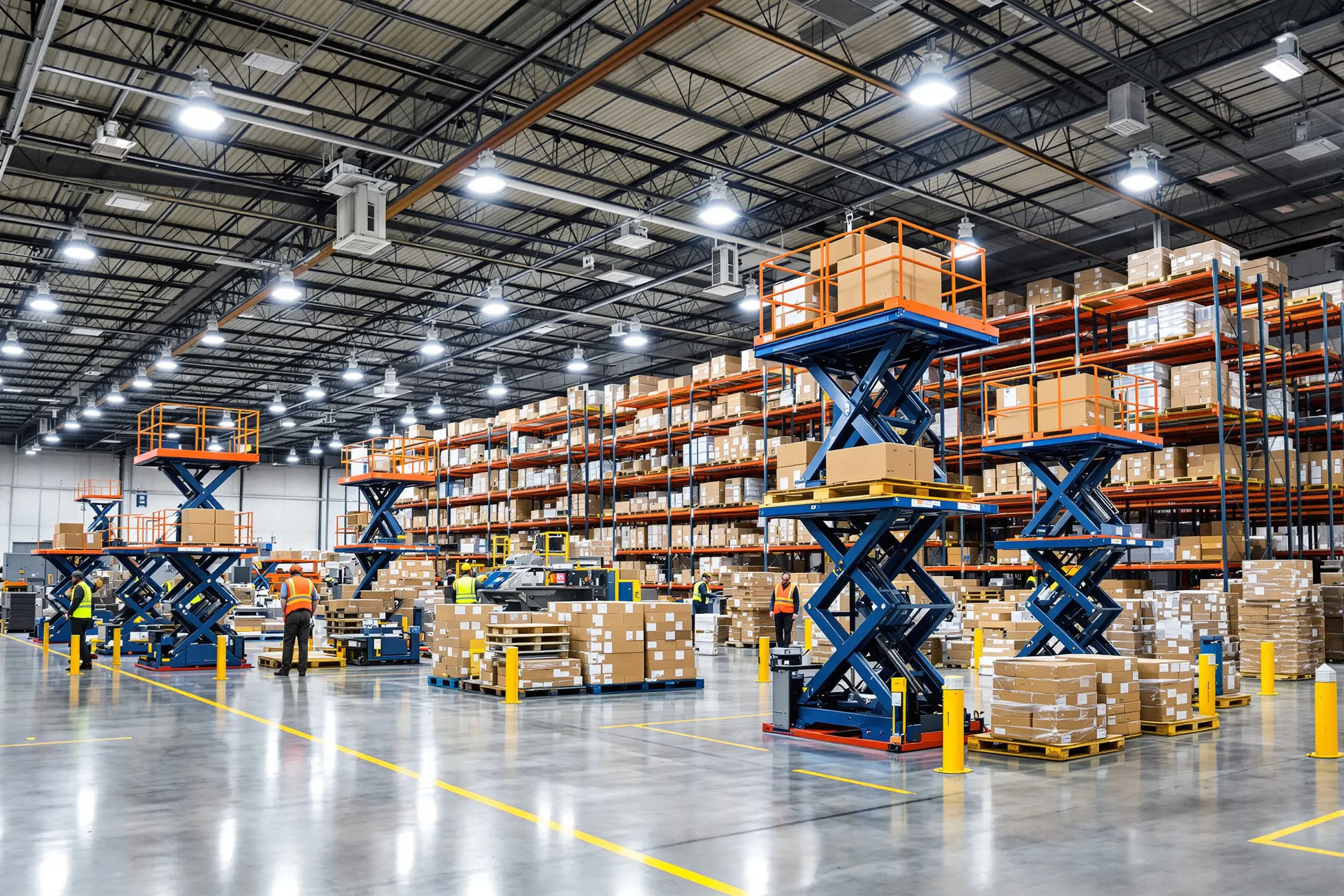 Distribution center with hydraulic lifts managing high-volume package sorting and logistics operations#1.6