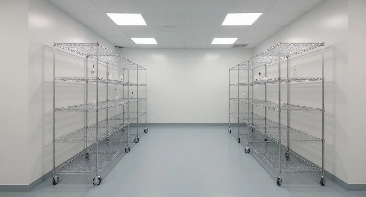 Medical facility storage room with wire shelving systems for healthcare equipment and supplies#1.9