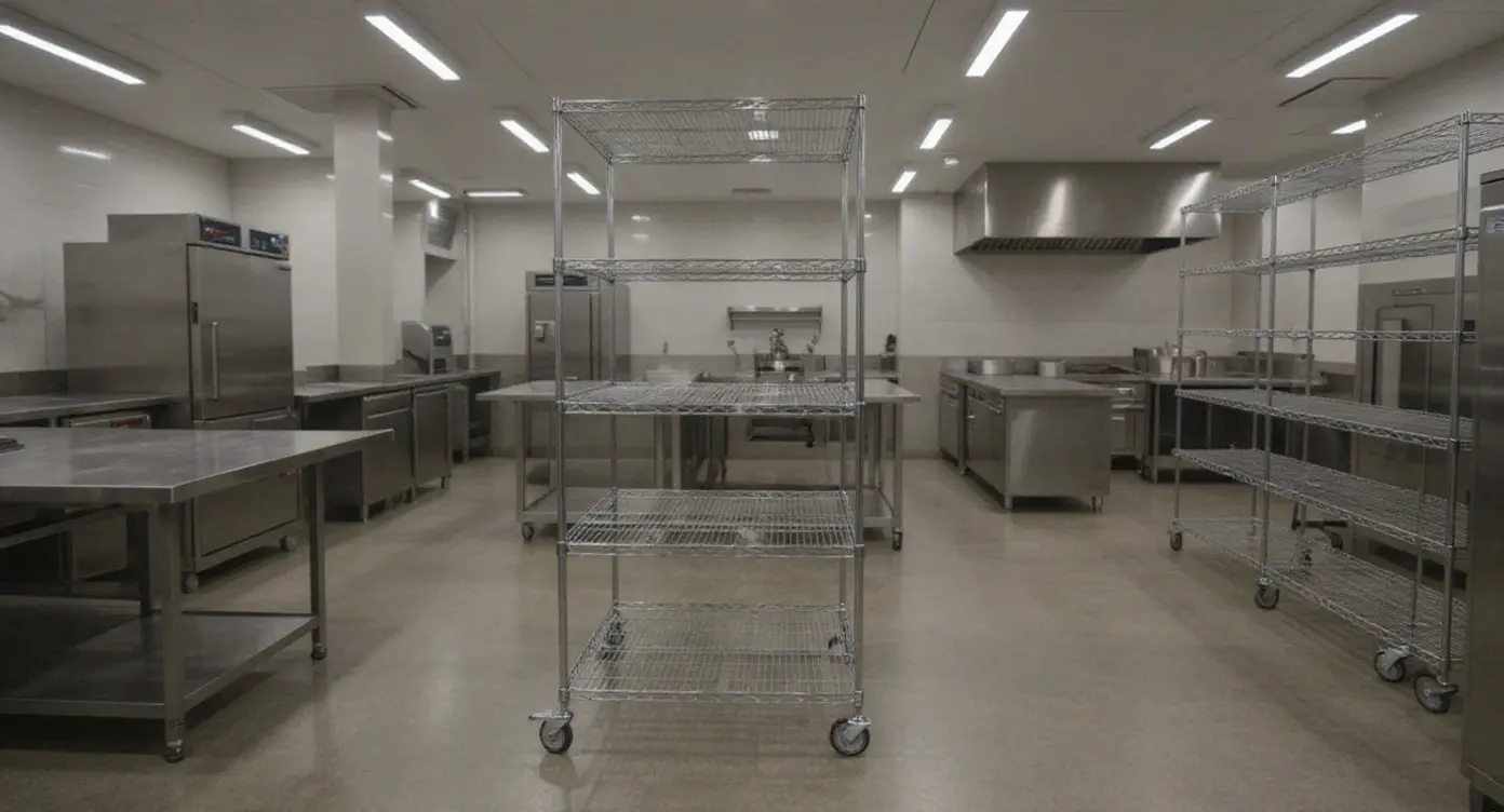 Commercial food service kitchen with wire rack storage systems for food preparation and storage#1.9