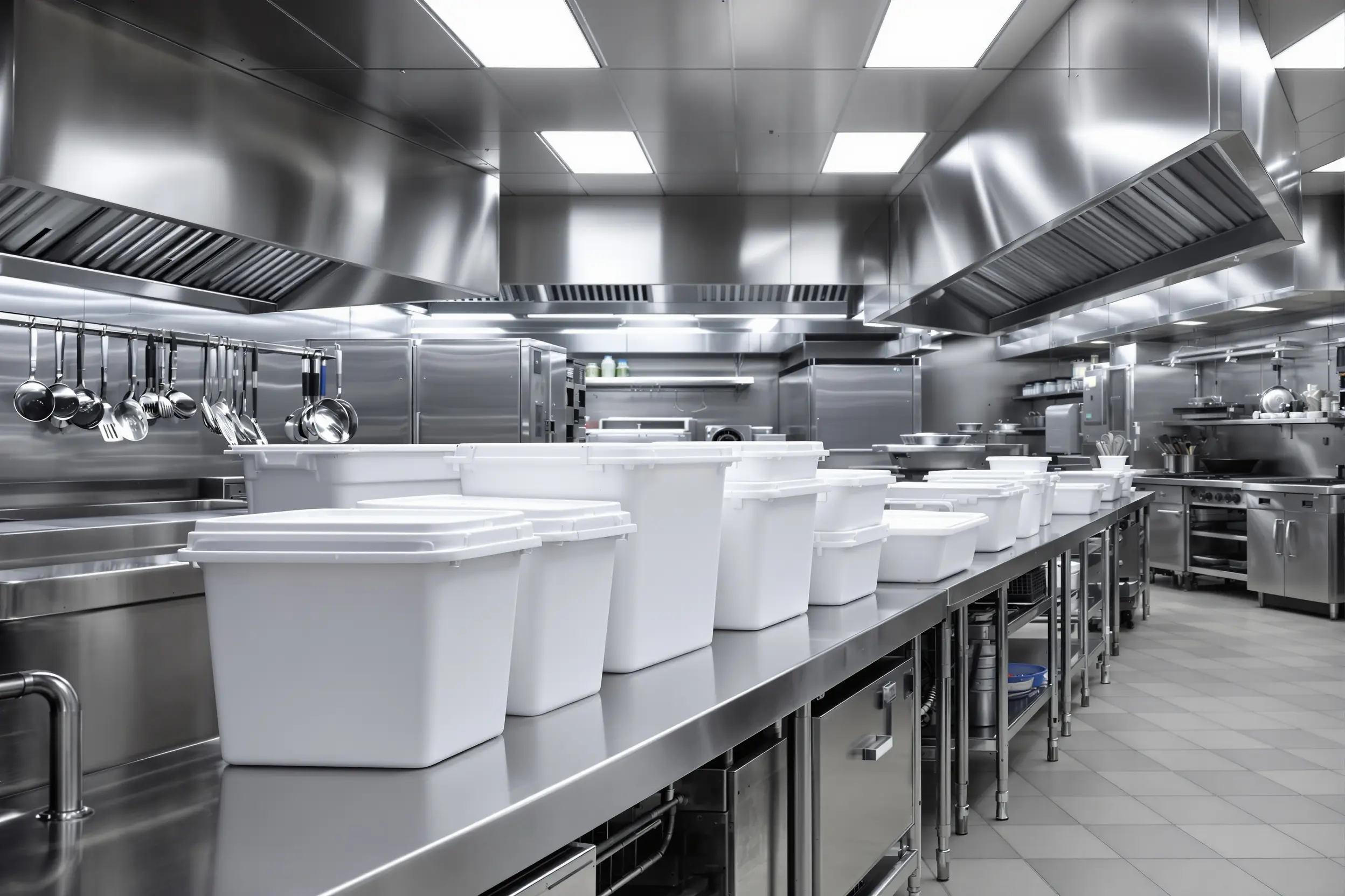 Food service kitchen with hygienic storage bins for ingredient management#1.6