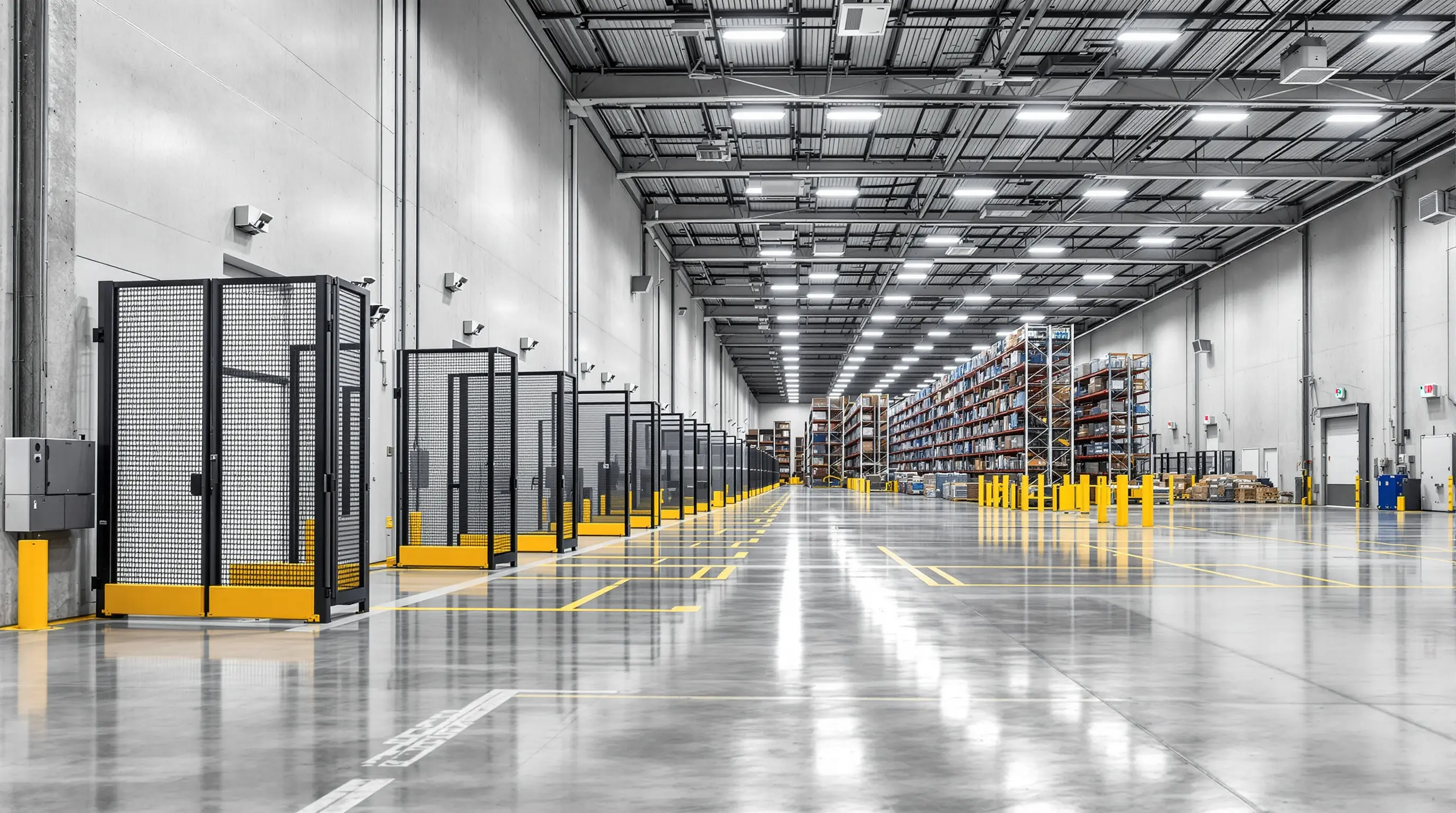 Distribution center security systems with driver cages and controlled facility access for logistics operations#1.9