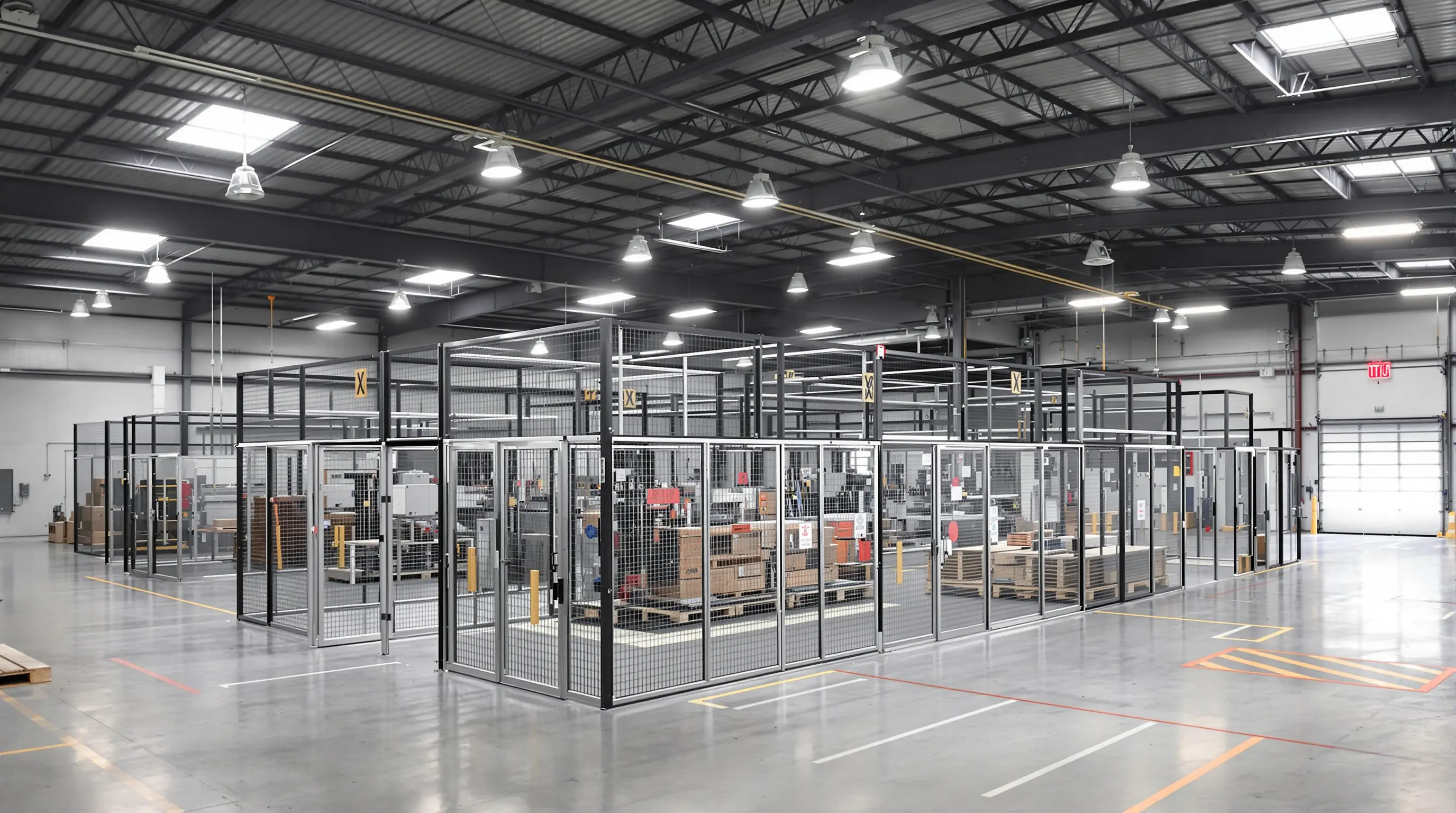 Manufacturing facilities with security cages for controlled access to production areas and loading docks#1.9