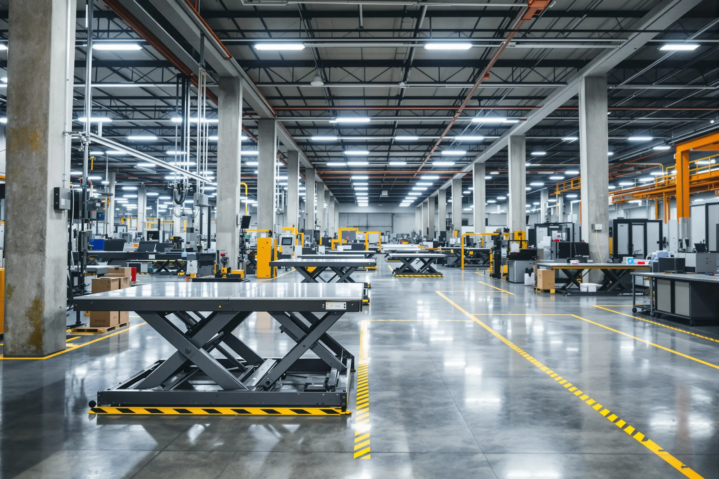 Manufacturing facility with industrial lift tables for production line#1.6