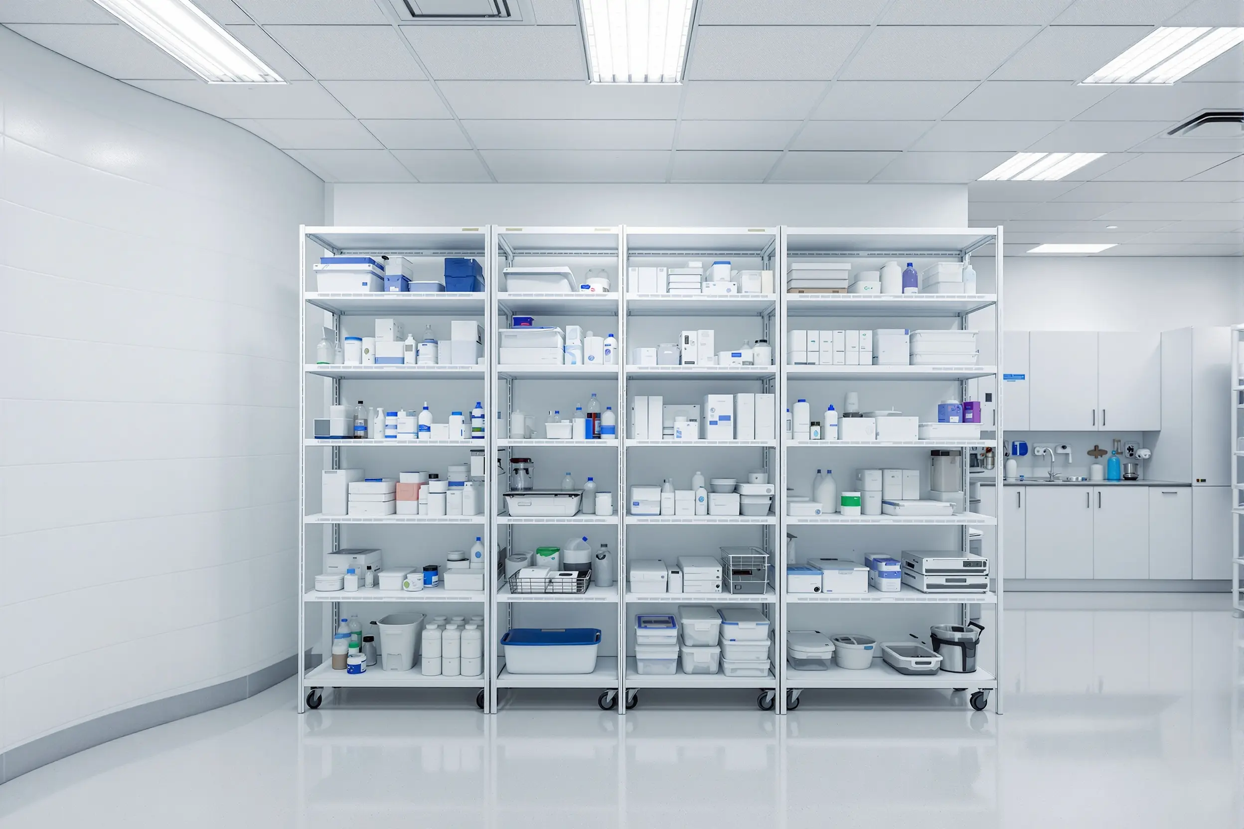 Medical facility storage with chemical resistant plastic shelving systems#1.5
