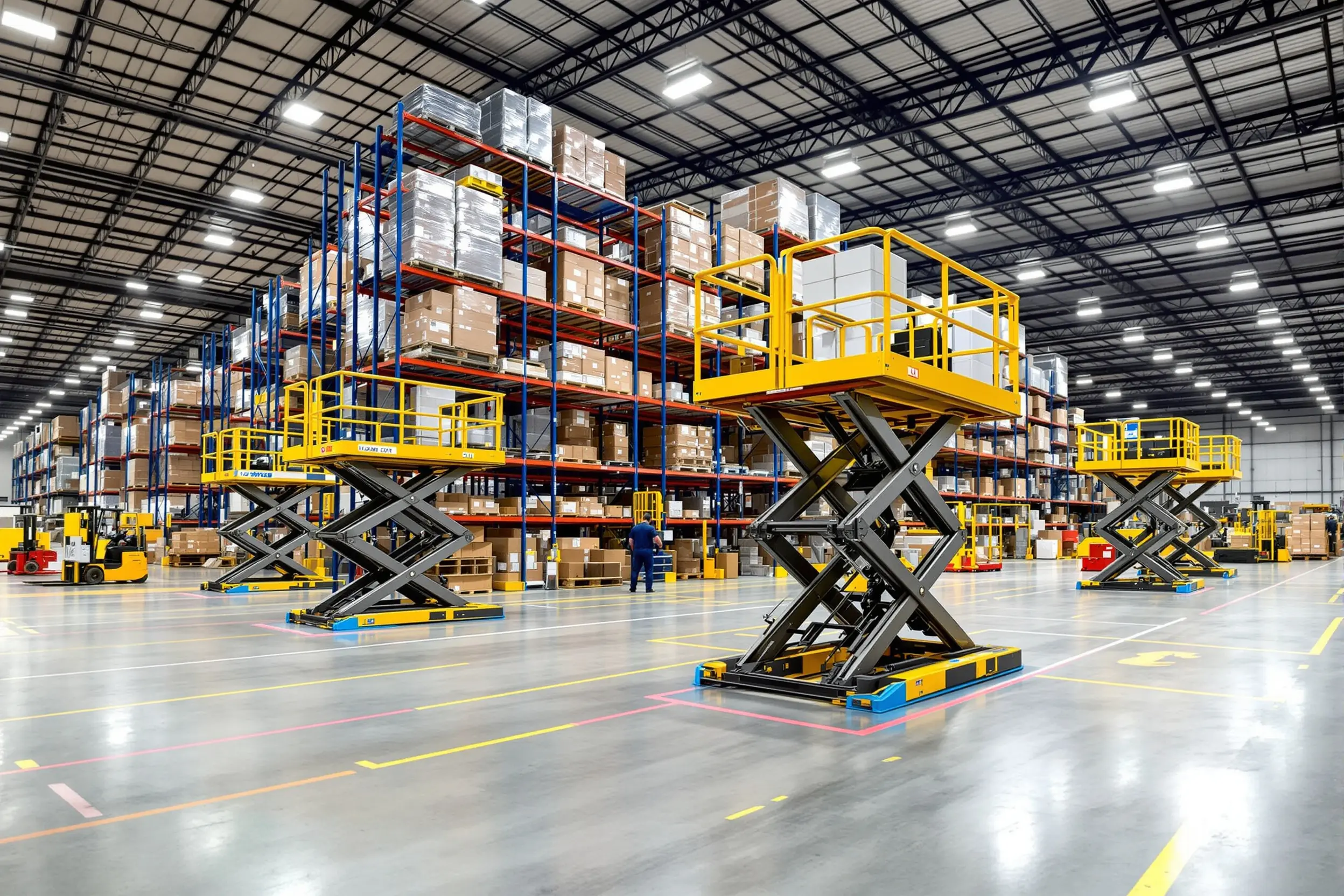 Distribution center with scissor lifts for order fulfillment and cargo handling operations#1.5