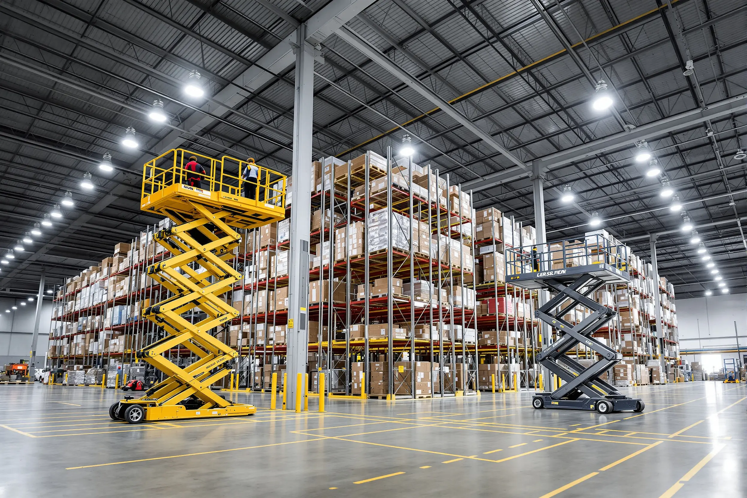 Warehousing facility with high rise scissor lifts for material handling operations#1.6