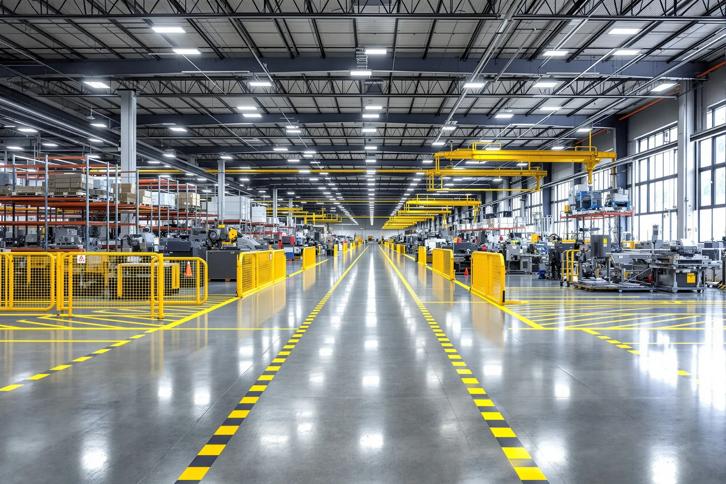 Manufacturing facility floor with organized equipment storage and safety barriers#1.6