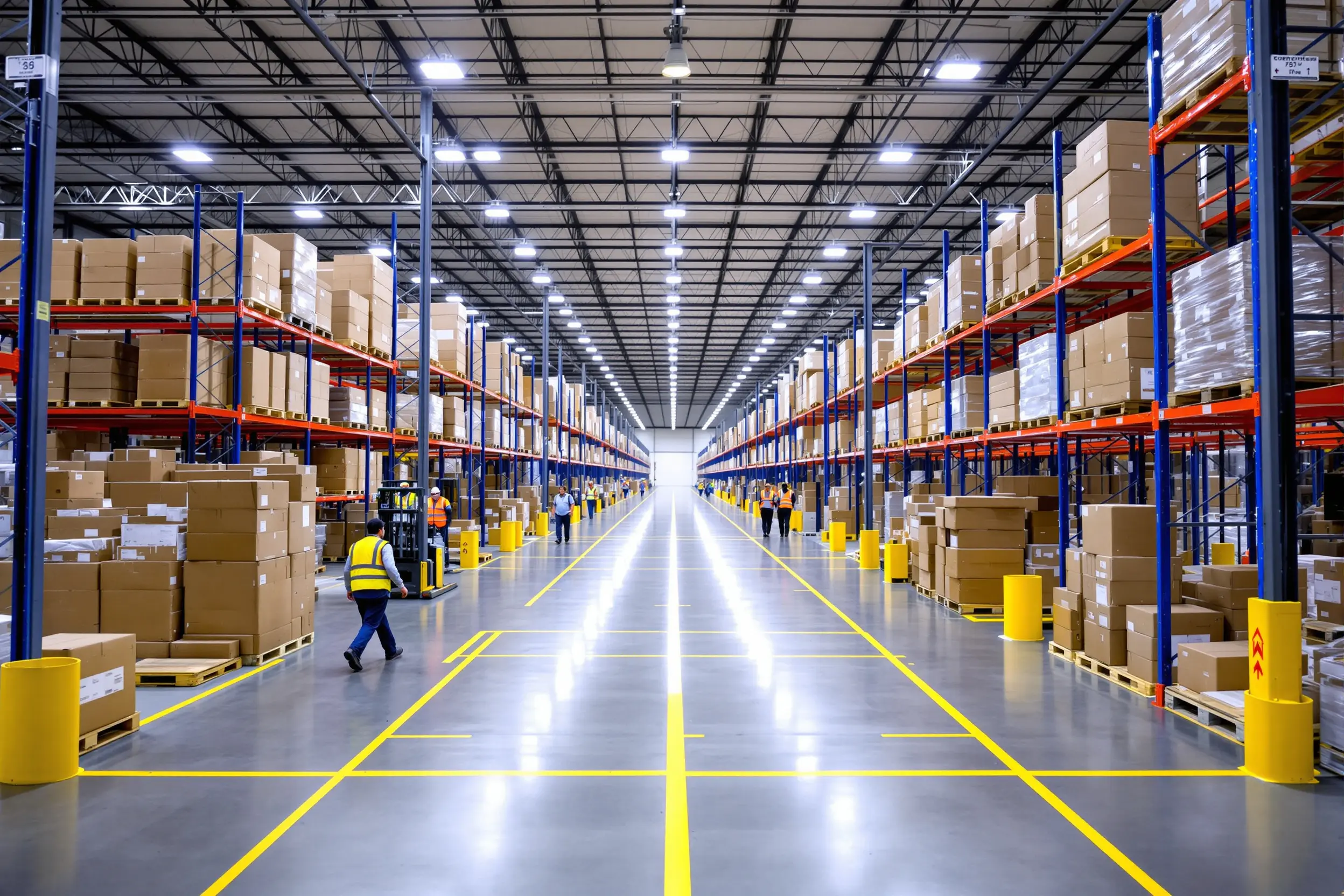 Distribution center with organized pallet systems and worker safety walkways#1.6