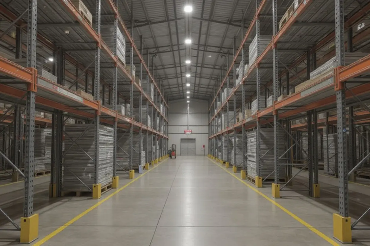 Industrial warehousing facility with modern pallet rack systems and safety equipment#1.6