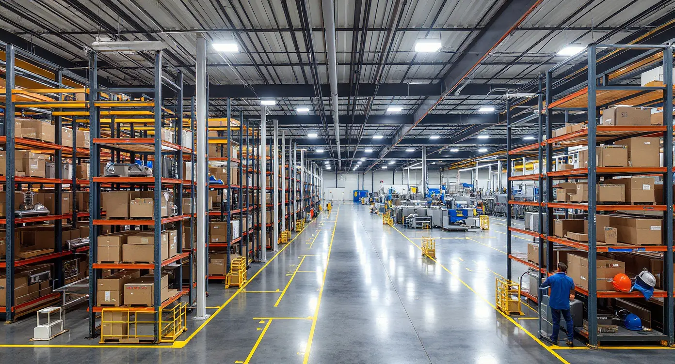 Manufacturing facility with industrial storage racks and safety equipment for production line support#1.9