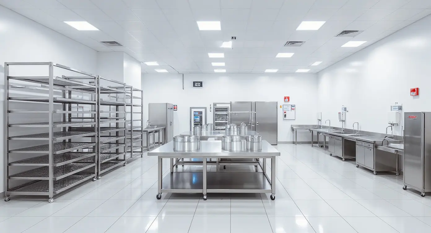 Food service facility with hygienic storage racks and safety-compliant material handling equipment#1.9