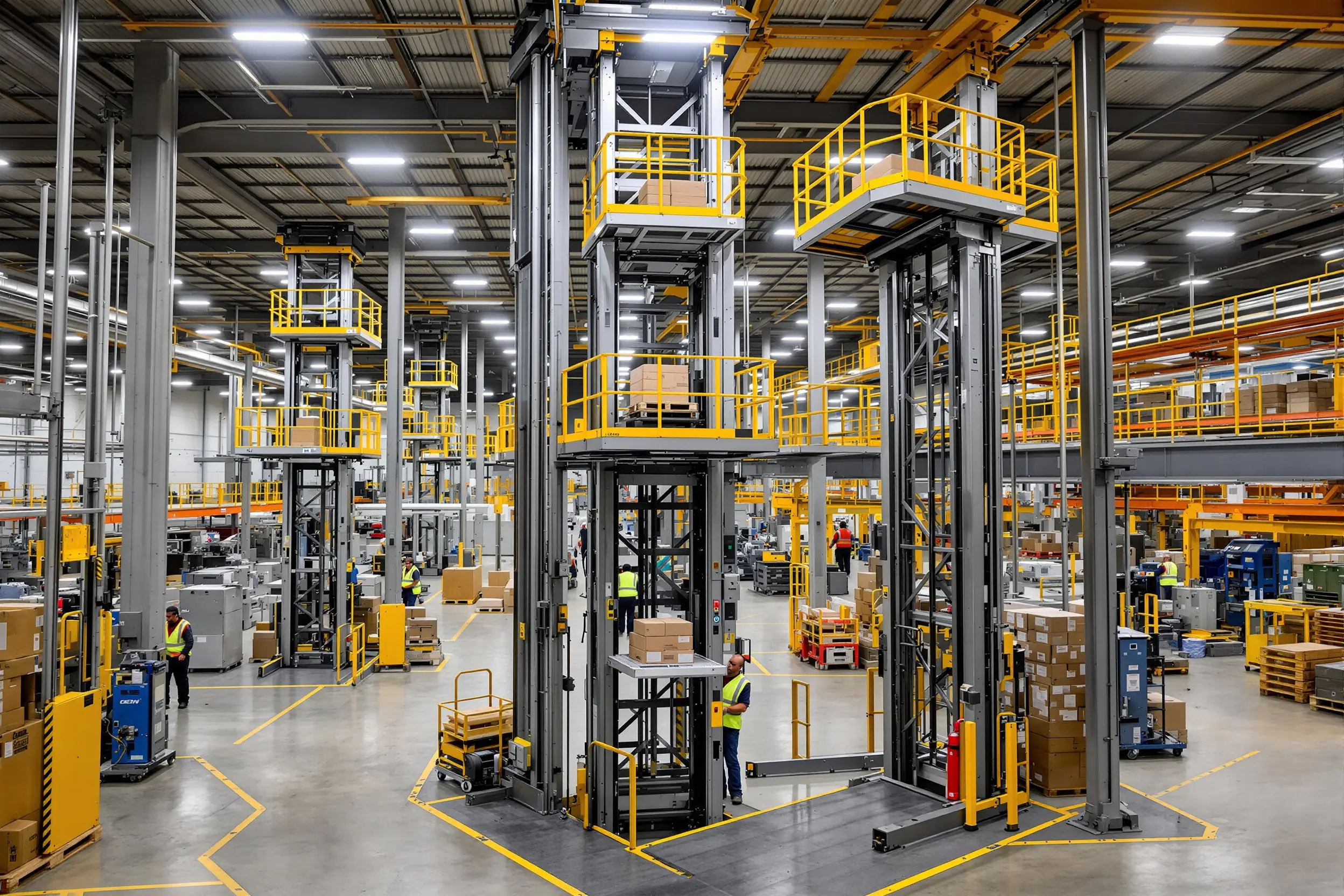 Manufacturing facility with industrial lifts moving materials between production floor levels safely#1.5