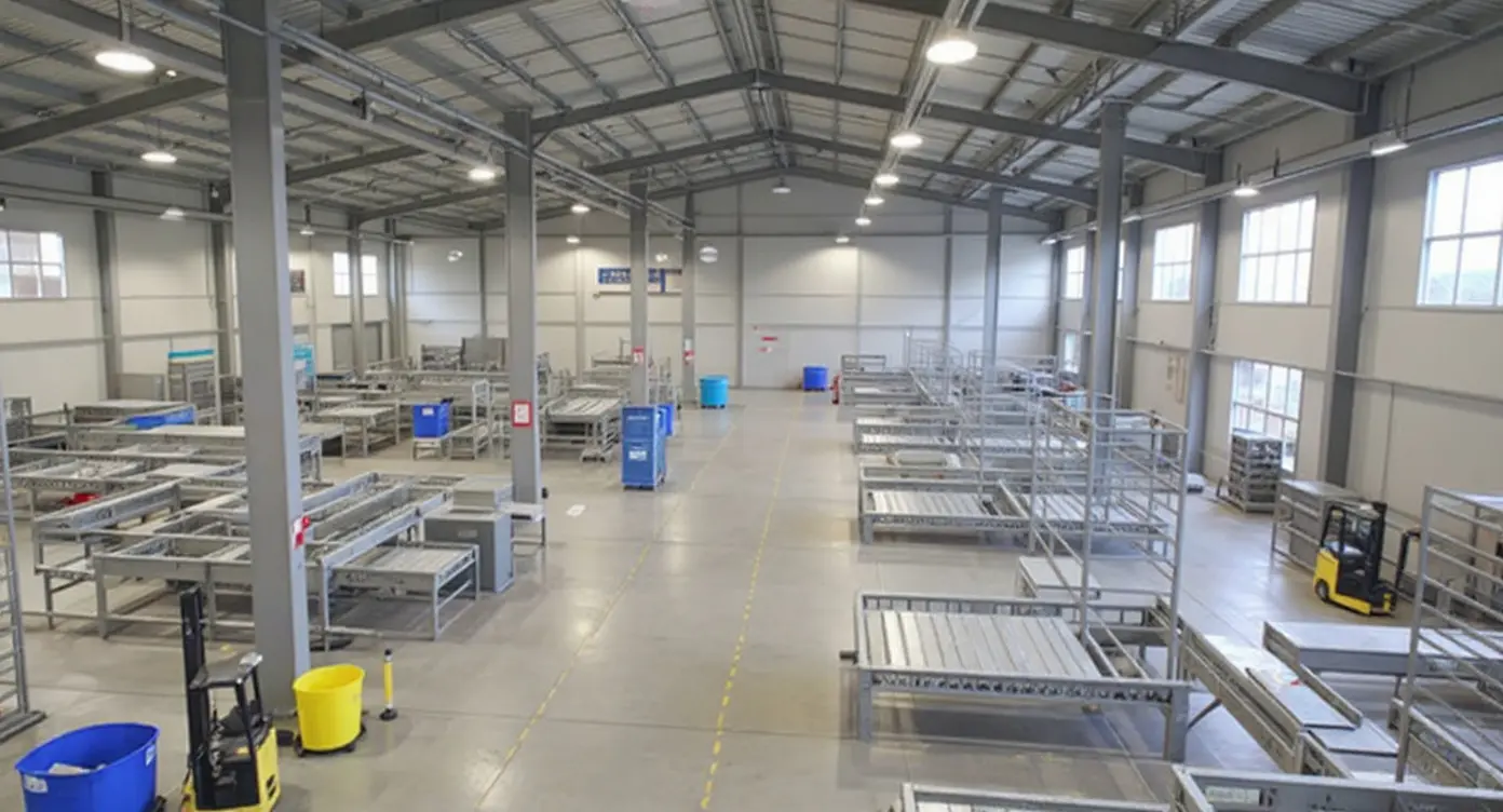 Manufacturing facility with industrial bins and material handling equipment for production processes#1.9