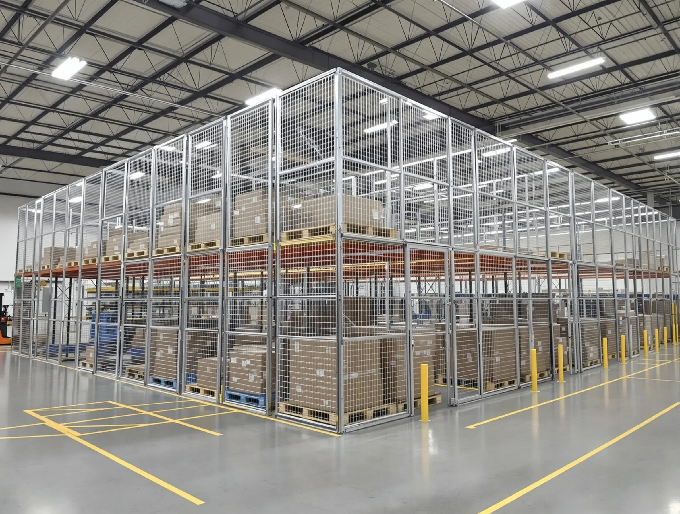 Warehousing facilities with secure metal cage storage systems for inventory control and theft prevention#1.2
