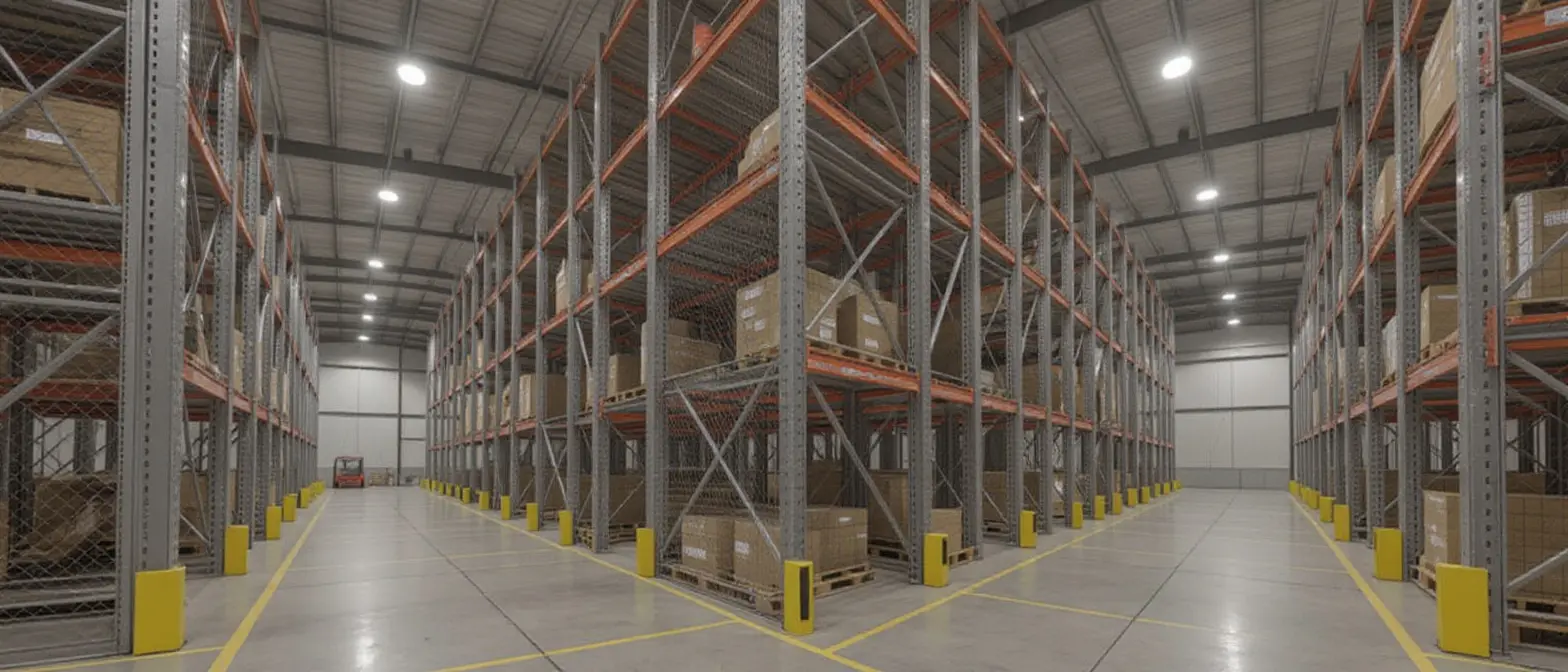 Warehousing facilities with pallet rack storage systems and safety accessories#16.9