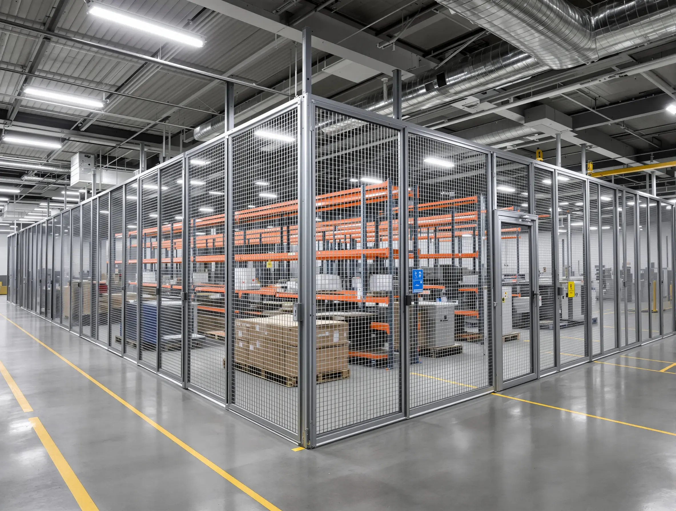 Manufacturing plant floor with secured pallet rack enclosures protecting expensive supplies and components#1.3