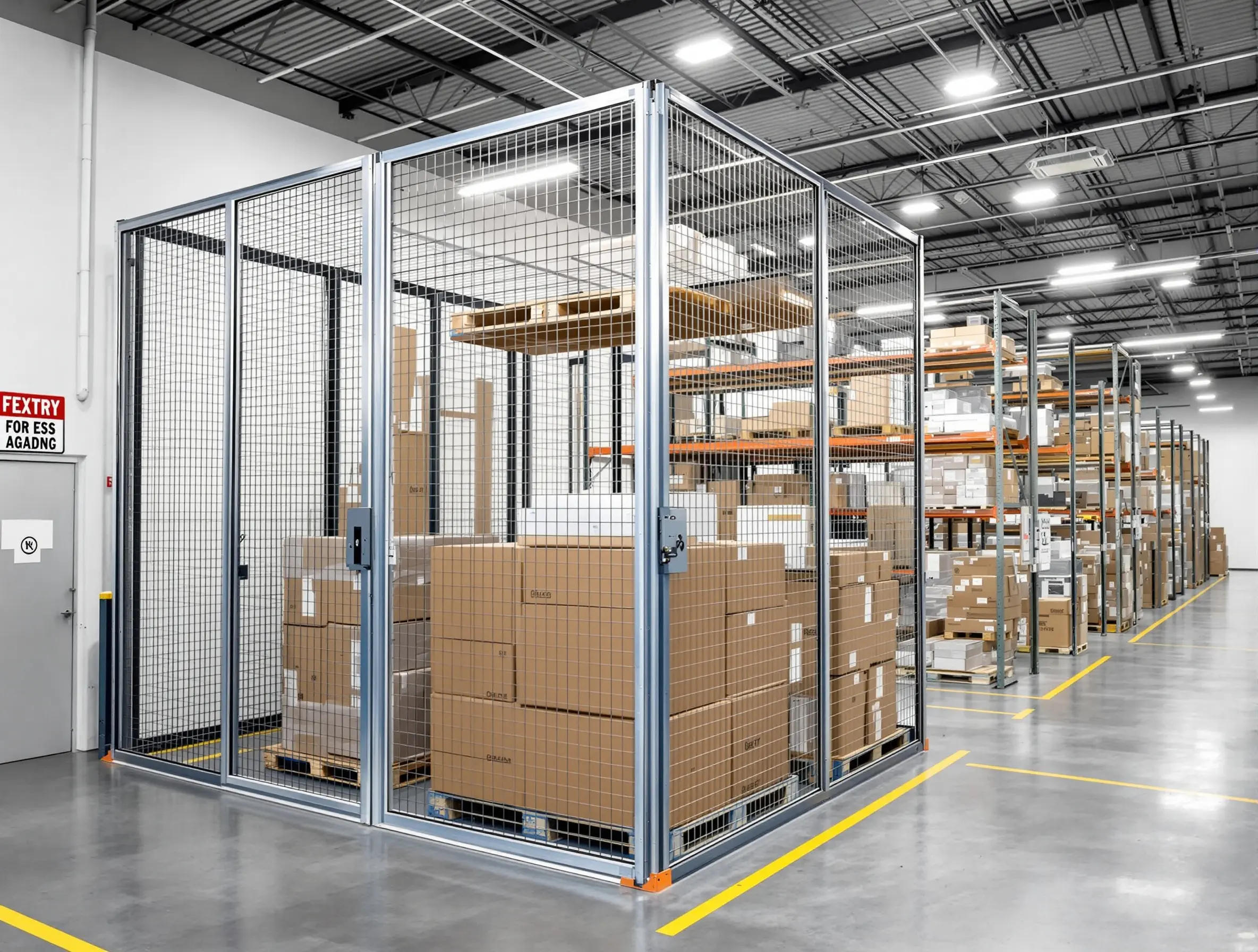 Retail backroom storage area with pallet rack security cages protecting premium inventory from unauthorized access#1.3