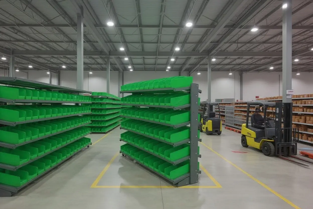 Distribution center with organized storage bins and material handling equipment#1.5