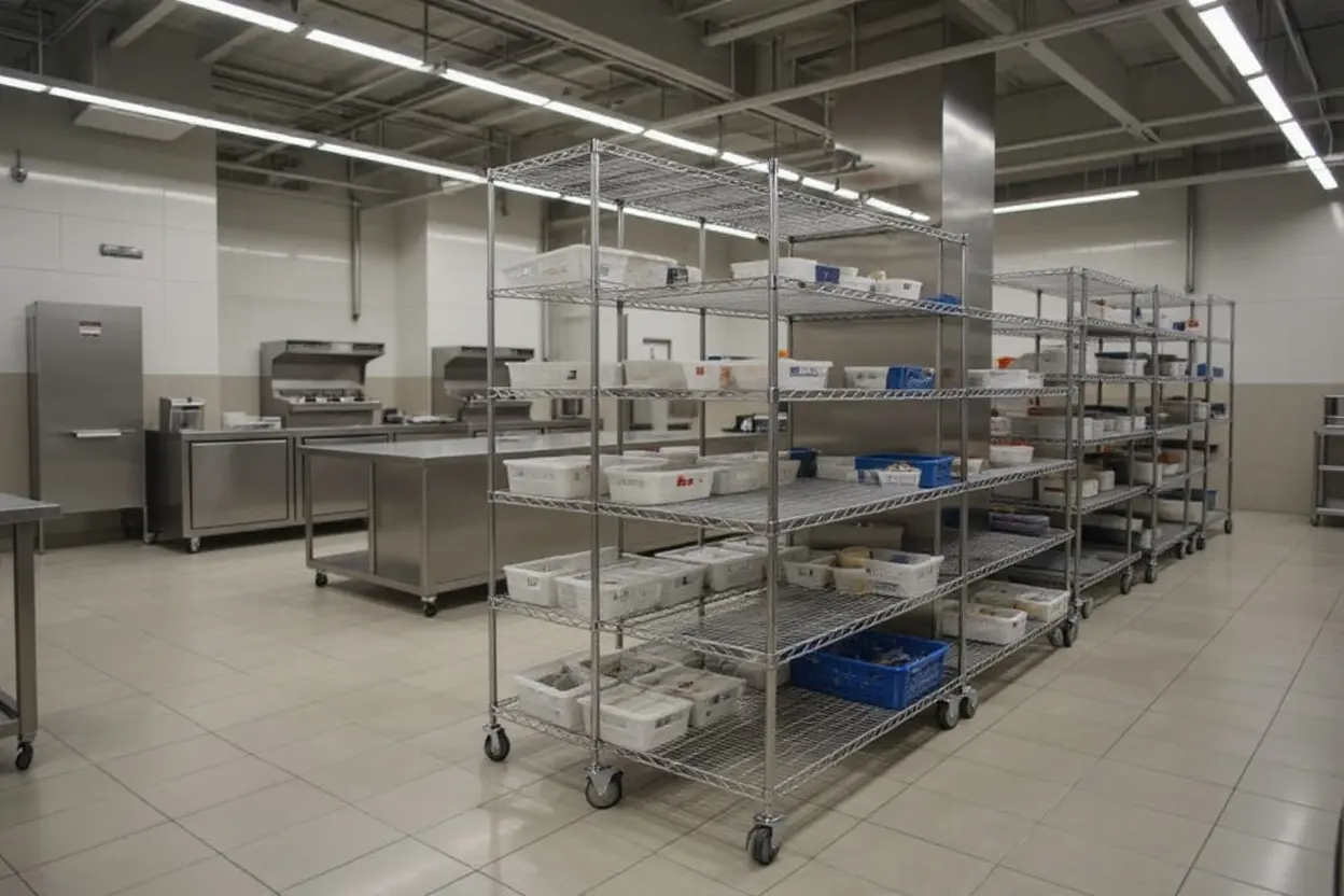 Commercial kitchen with organized food storage systems and shelving#1.5