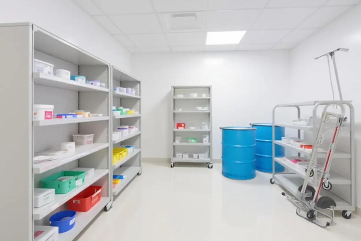Medical facility storage area with organized supplies and equipment#1.5