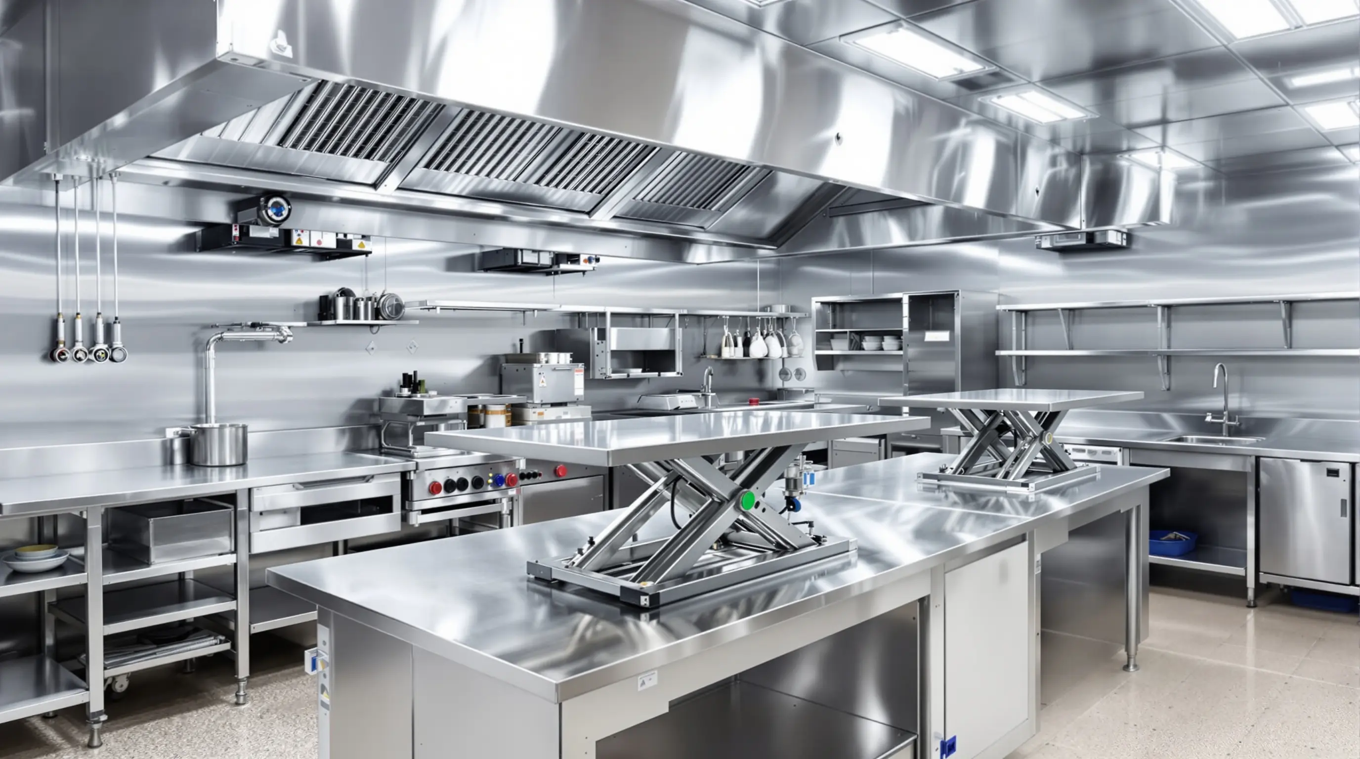 Food service kitchen using pneumatic lift tables for hygienic food preparation operations#1.9