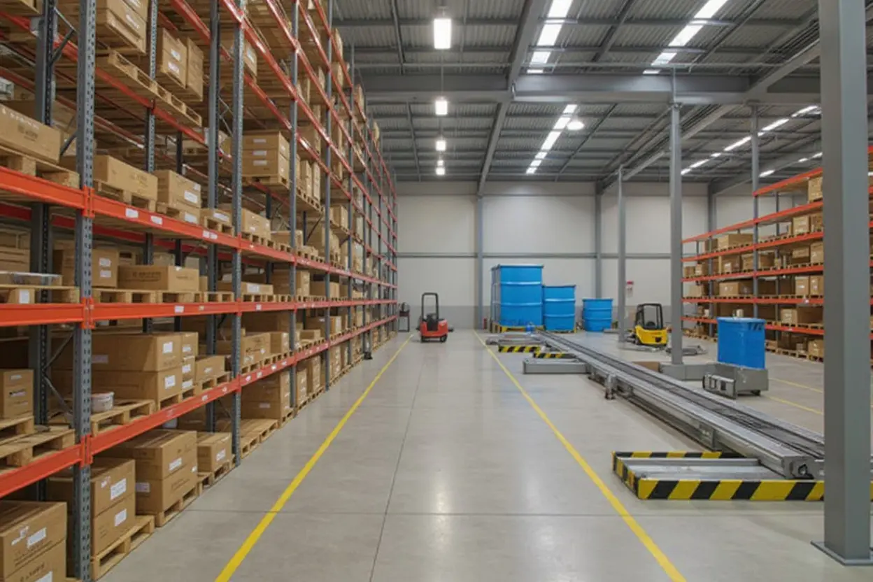 Warehousing facility with organized storage systems and material handling equipment in industrial setting#1.5