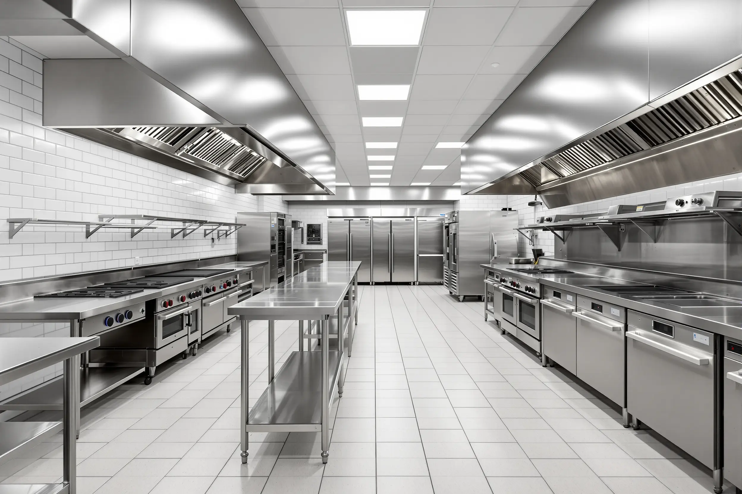 Food service kitchen with commercial equipment and stainless steel preparation areas for professional cooking#1.5