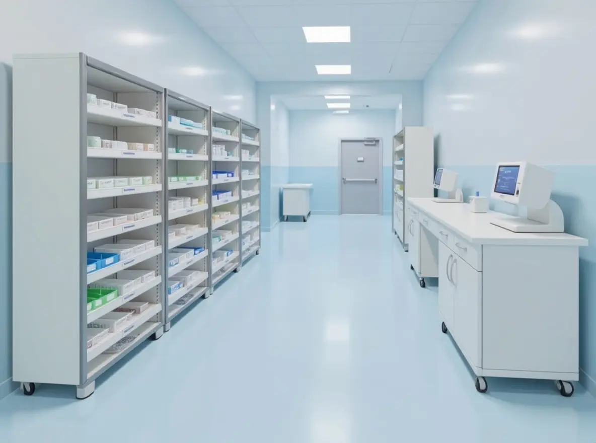 Medical facility storage area with quantum bins for healthcare supplies#1.2