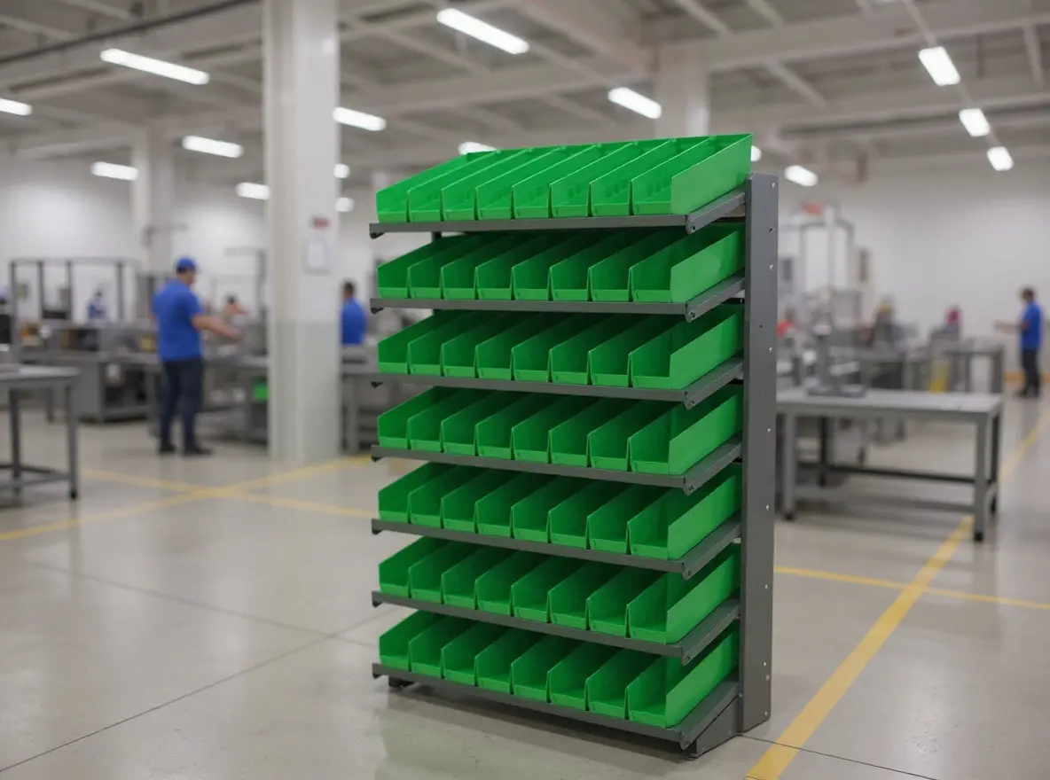 Manufacturing facility using shelf bins for organized parts storage and production line efficiency#1.3