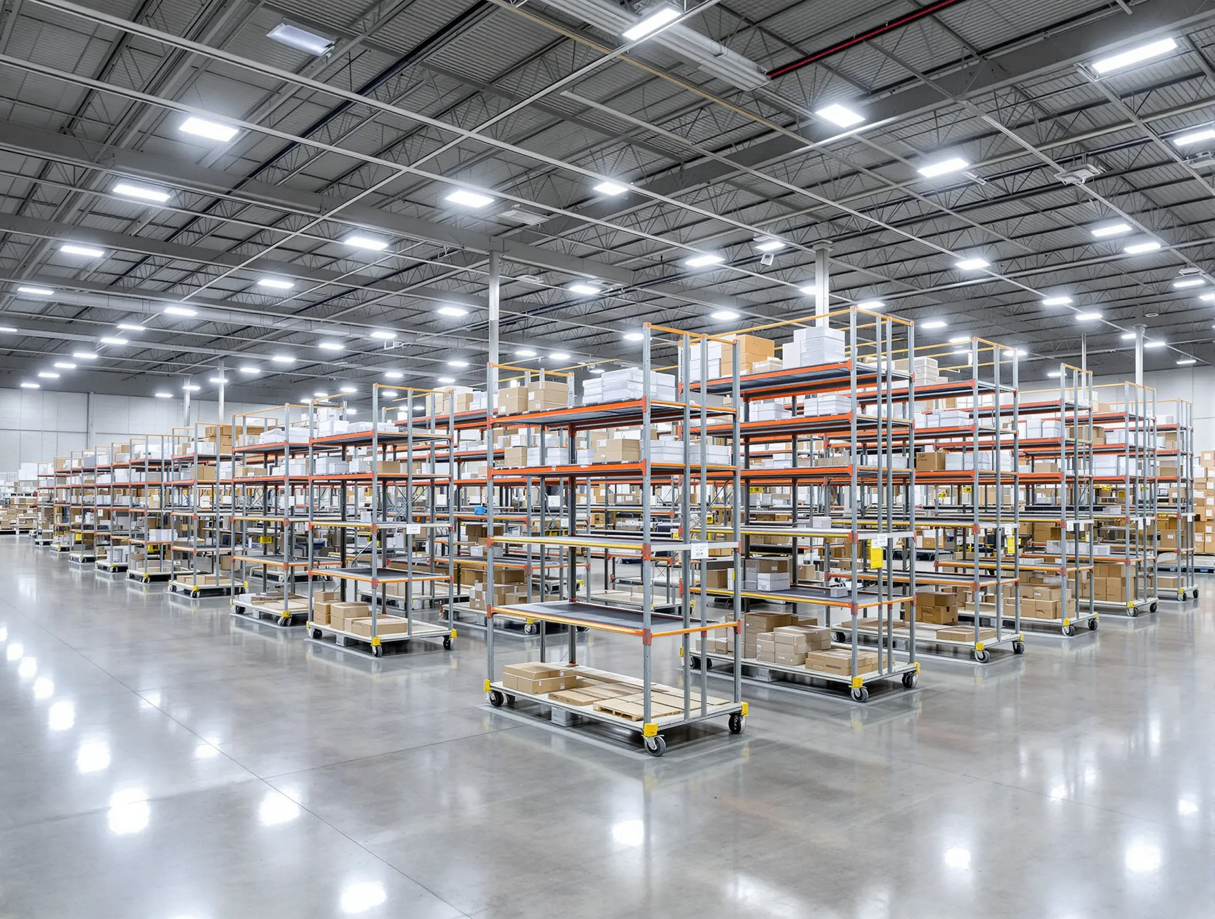 Distribution center with shelf bins on dollies improving order fulfillment and inventory control#1.3