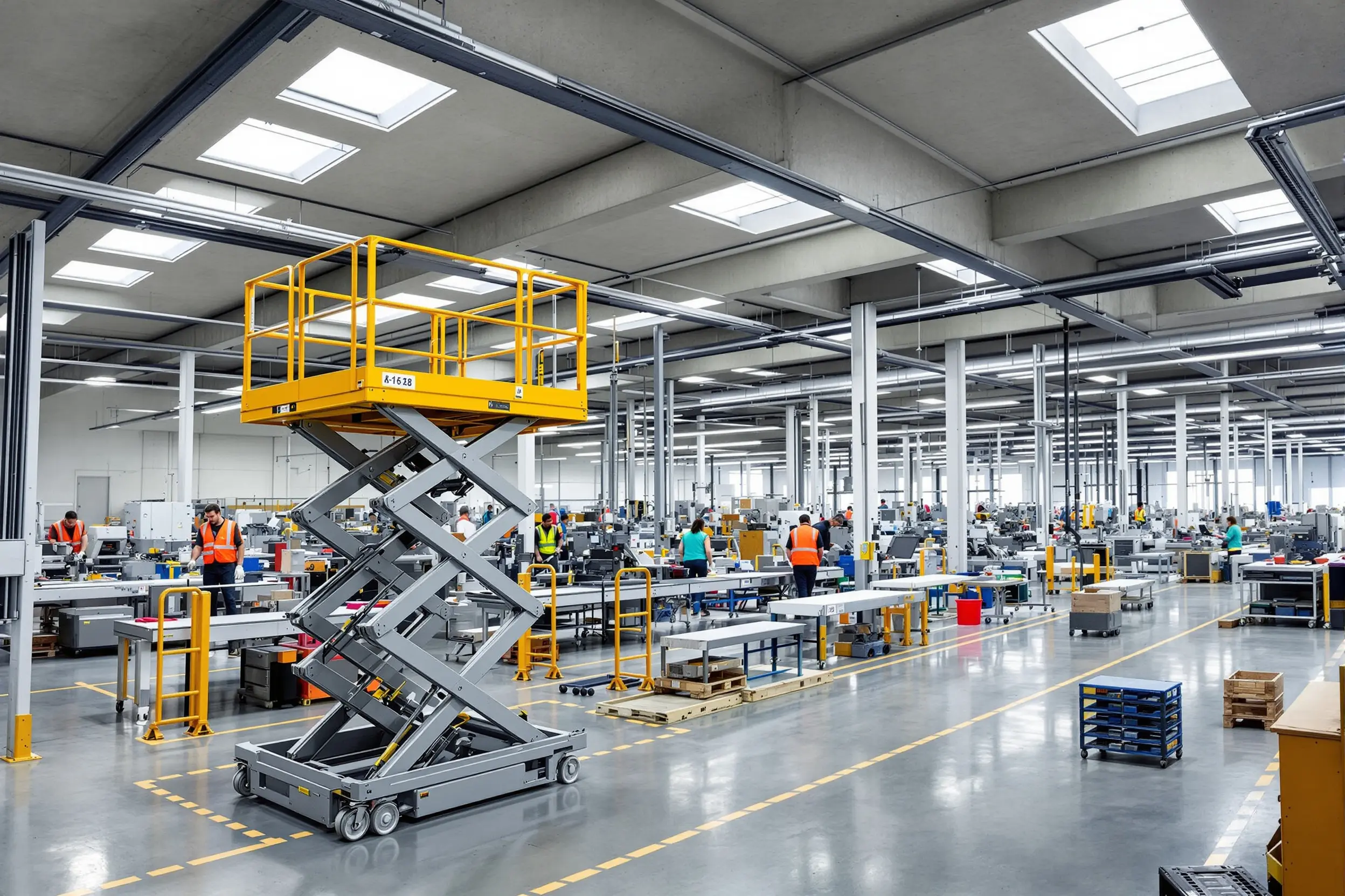 Manufacturing facility with small scissor lifts for assembly line operations#1.4