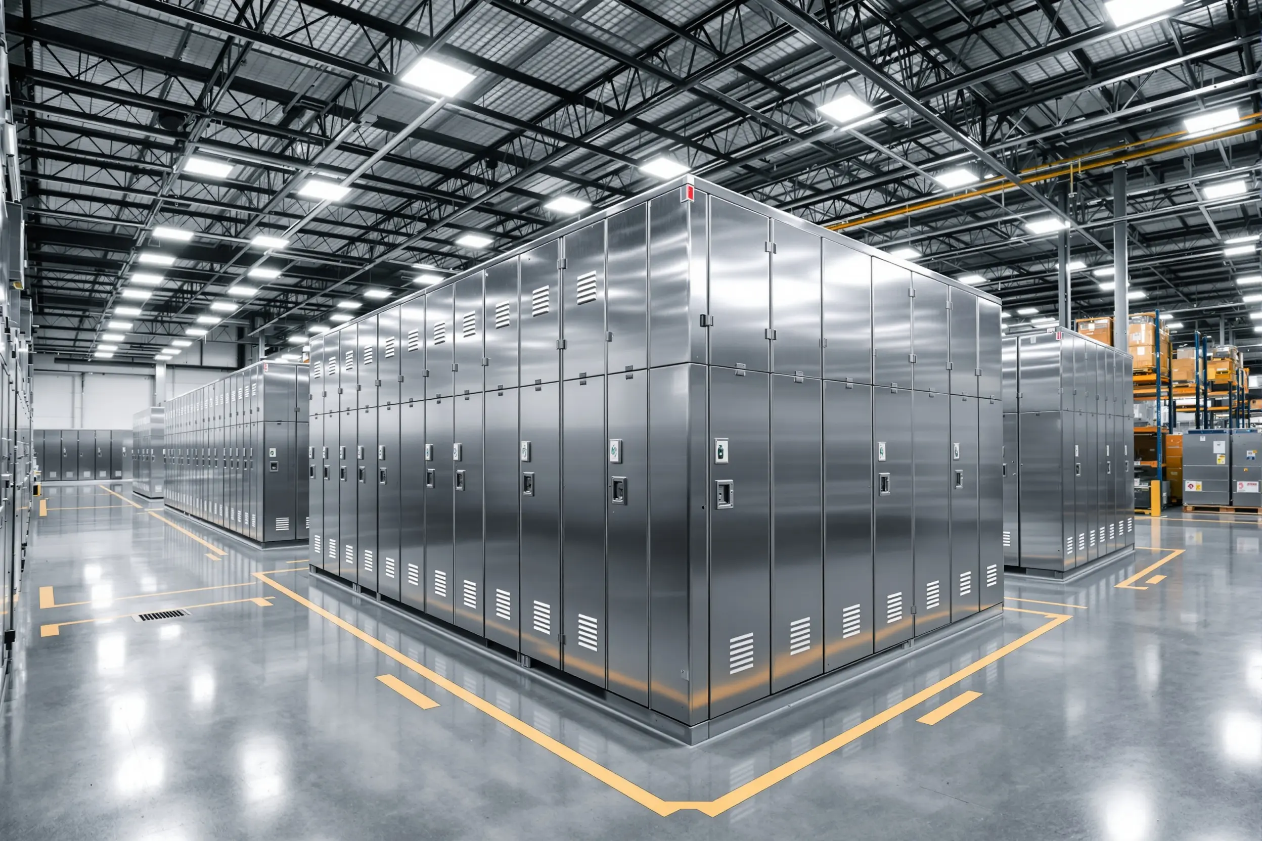 Warehousing facility with organized storage lockers for employee belongings#1.5