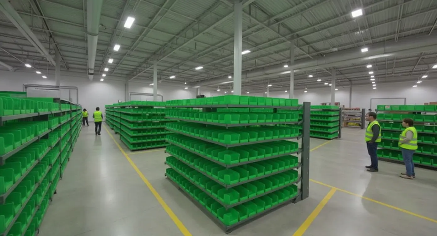 Retail distribution center with organized storage bins#16:9