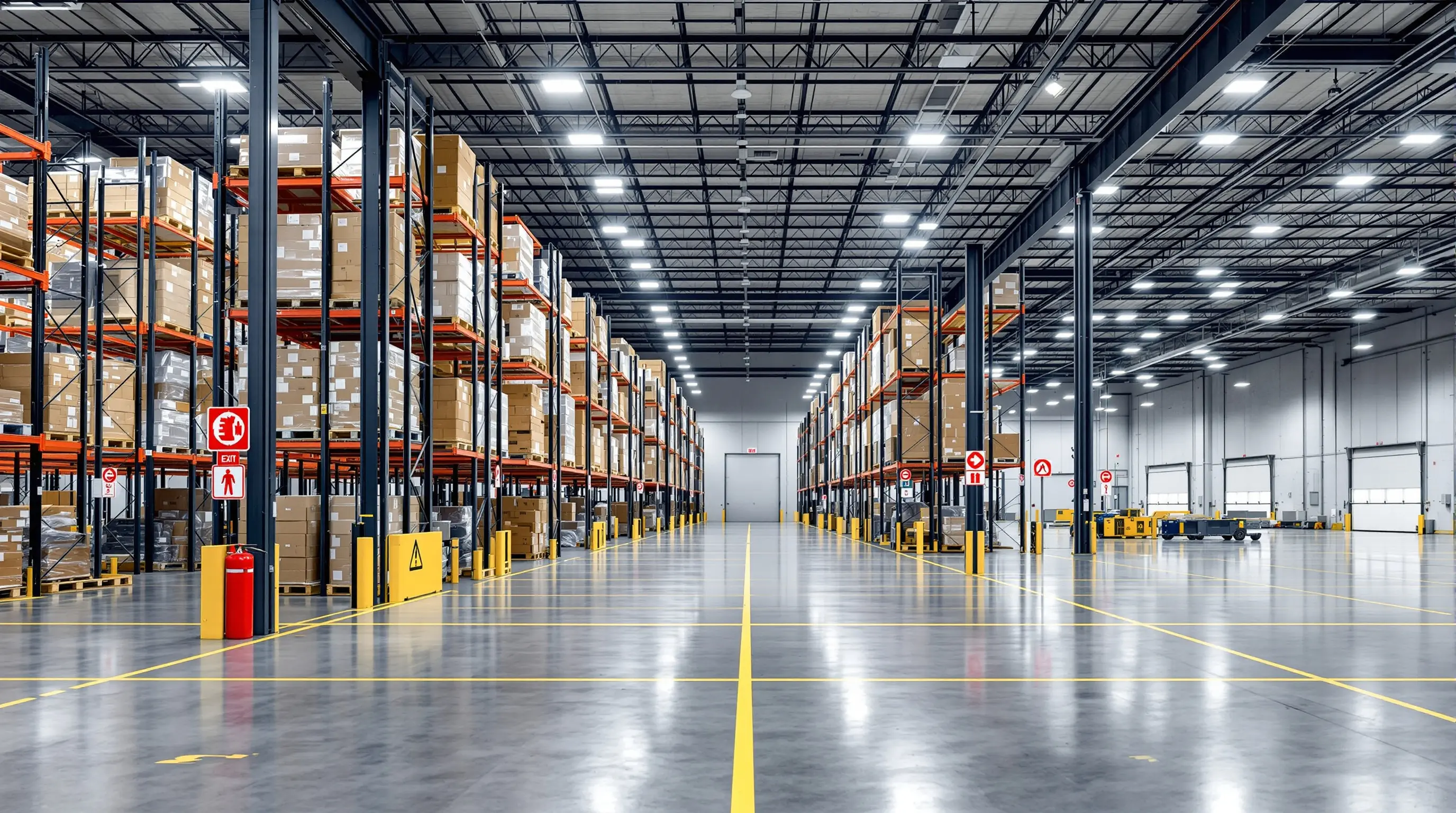 Retail distribution centers with organized pallet storage and fire safety compliance#1.9