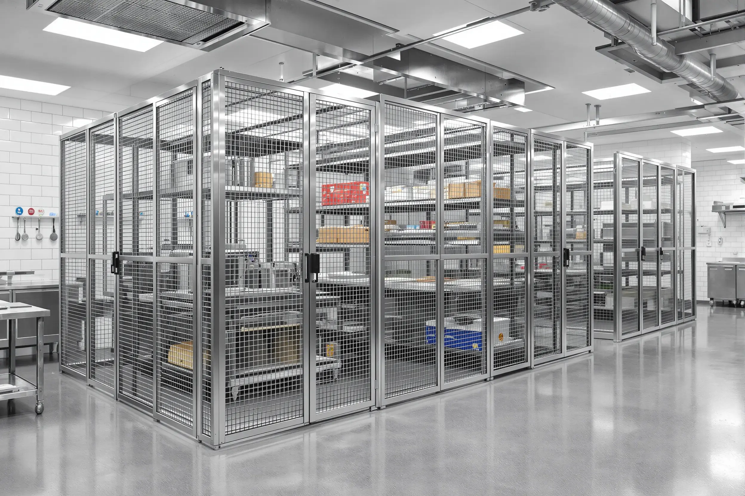 Food service facility with secure enclosures limiting access to supplies and equipment#1.5