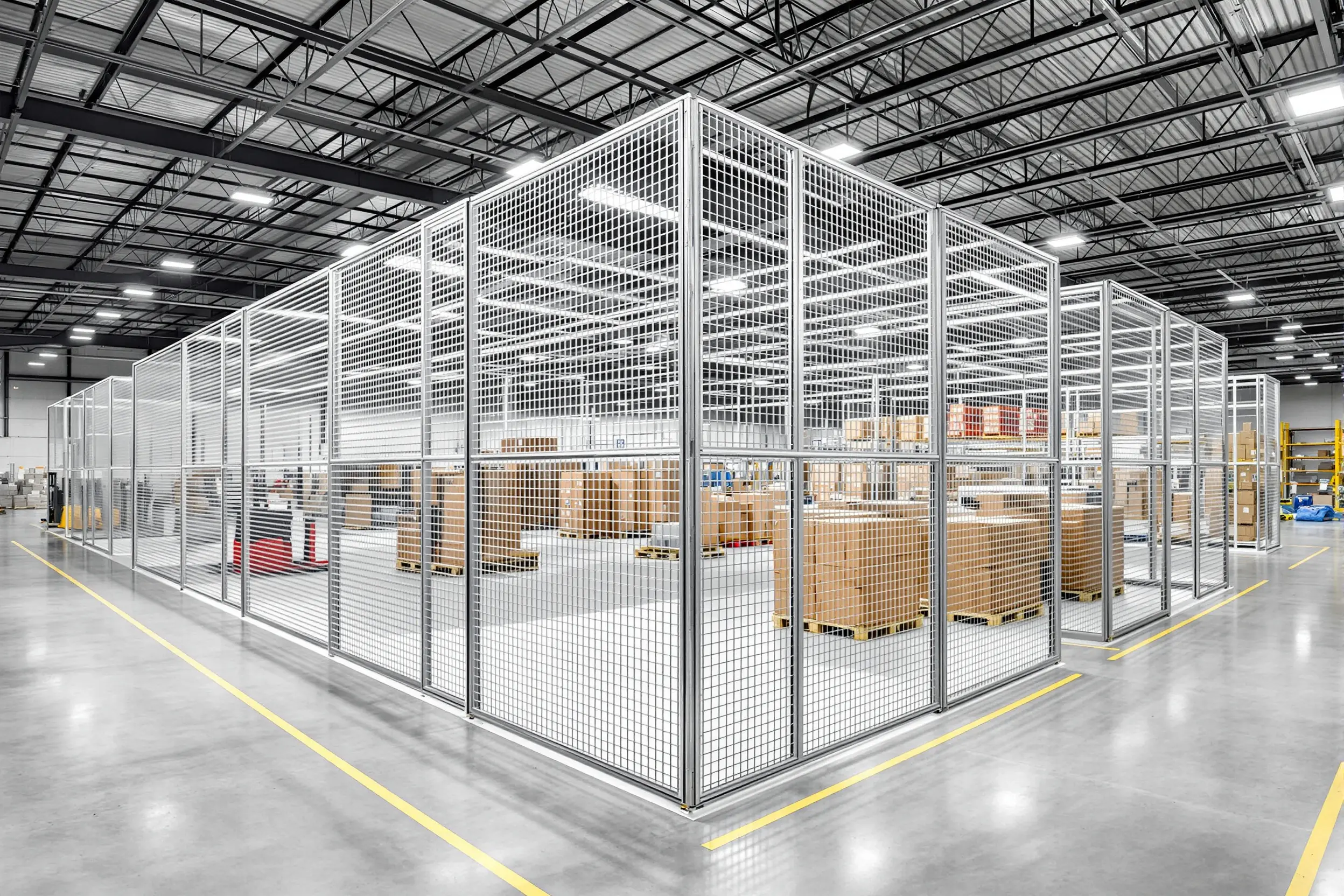 Distribution center with wire enclosures organizing and securing inventory flow areas#1.5