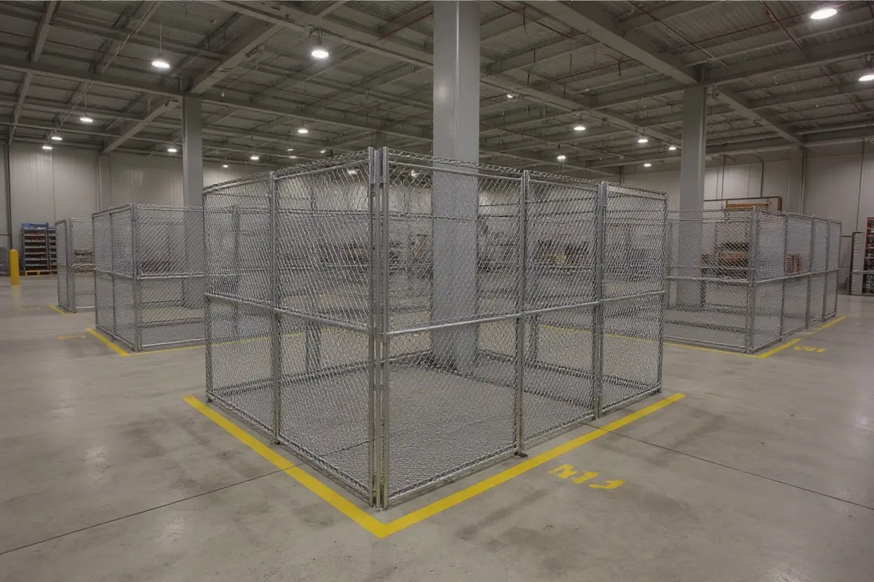 Warehouse storage areas with wire mesh cages protecting high-value inventory#1.5