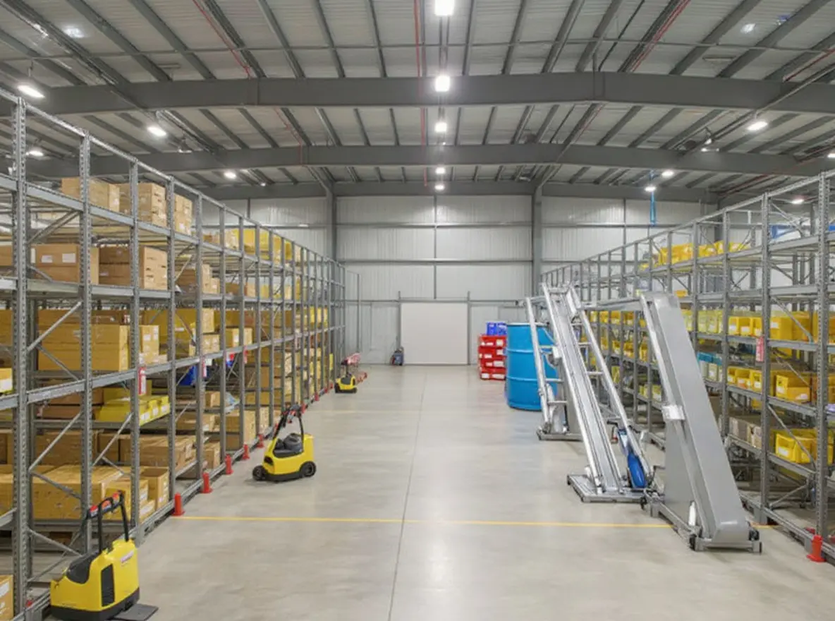 Warehousing operations with industrial storage solutions and material handling equipment in modern distribution facility#1.3