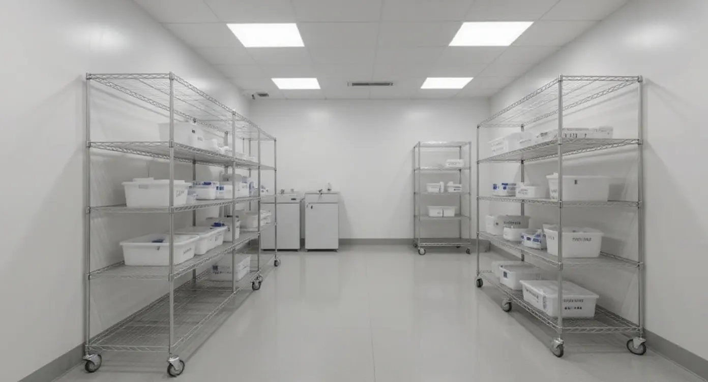 Medical facility storage room with organized wire shelving for supplies and equipment#1.9