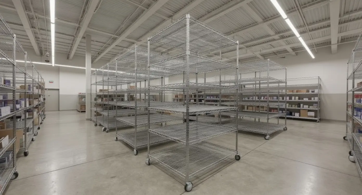 Retail stockroom with organized wire shelving systems for inventory management#1.9