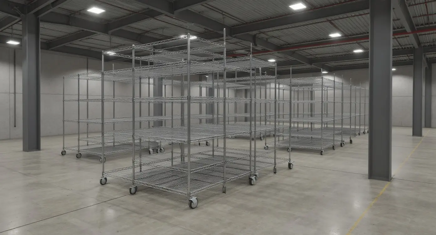 Industrial warehouses with wire shelving for material handling operations#1.9
